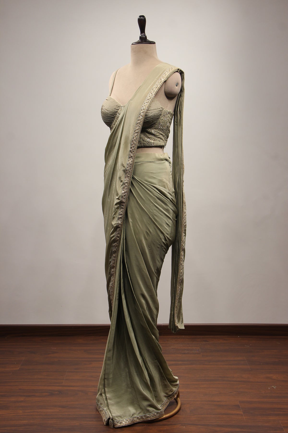 Dusty Green Crepe Drape Saree with Resham & Stone Handwork