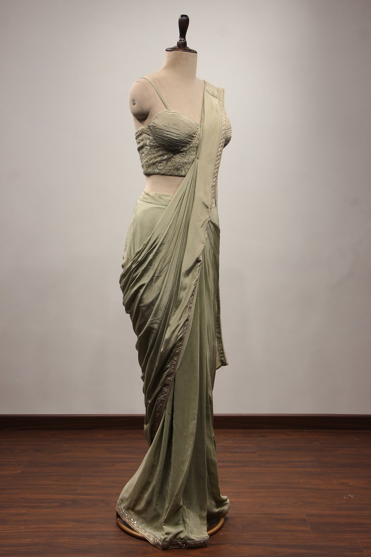 Dusty Green Crepe Drape Saree with Resham & Stone Handwork