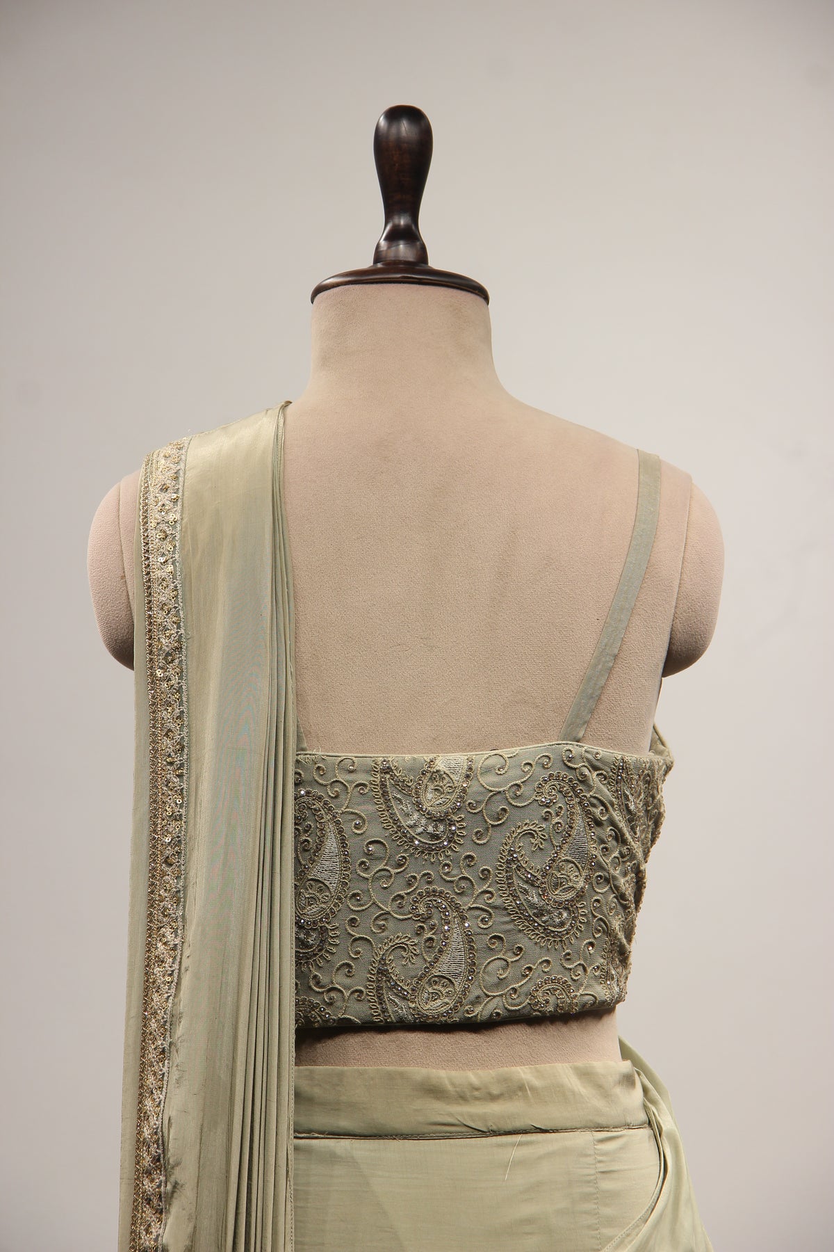 Dusty Green Crepe Drape Saree with Resham & Stone Handwork