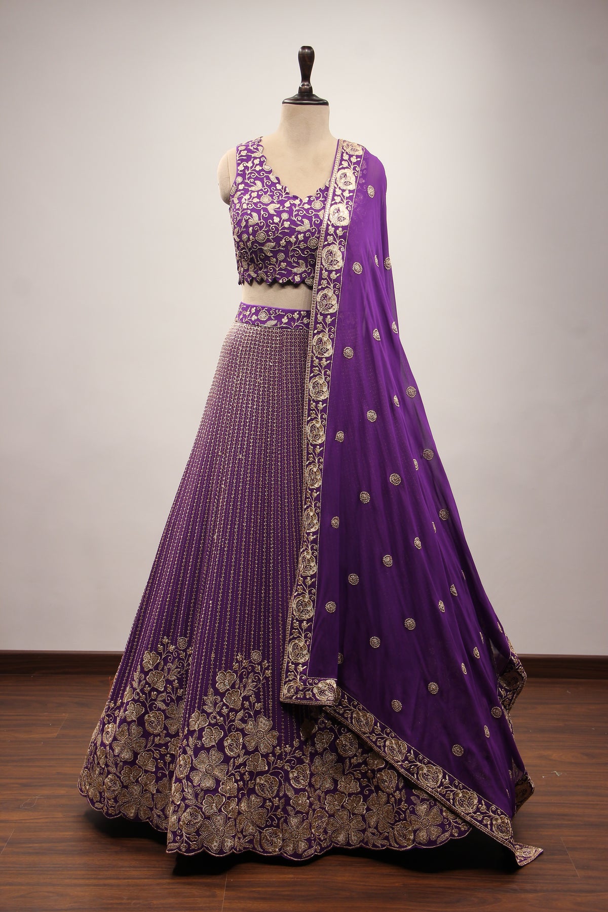 Purple Georgette Lehenga with Sequin & Zari Handwork Crop Top