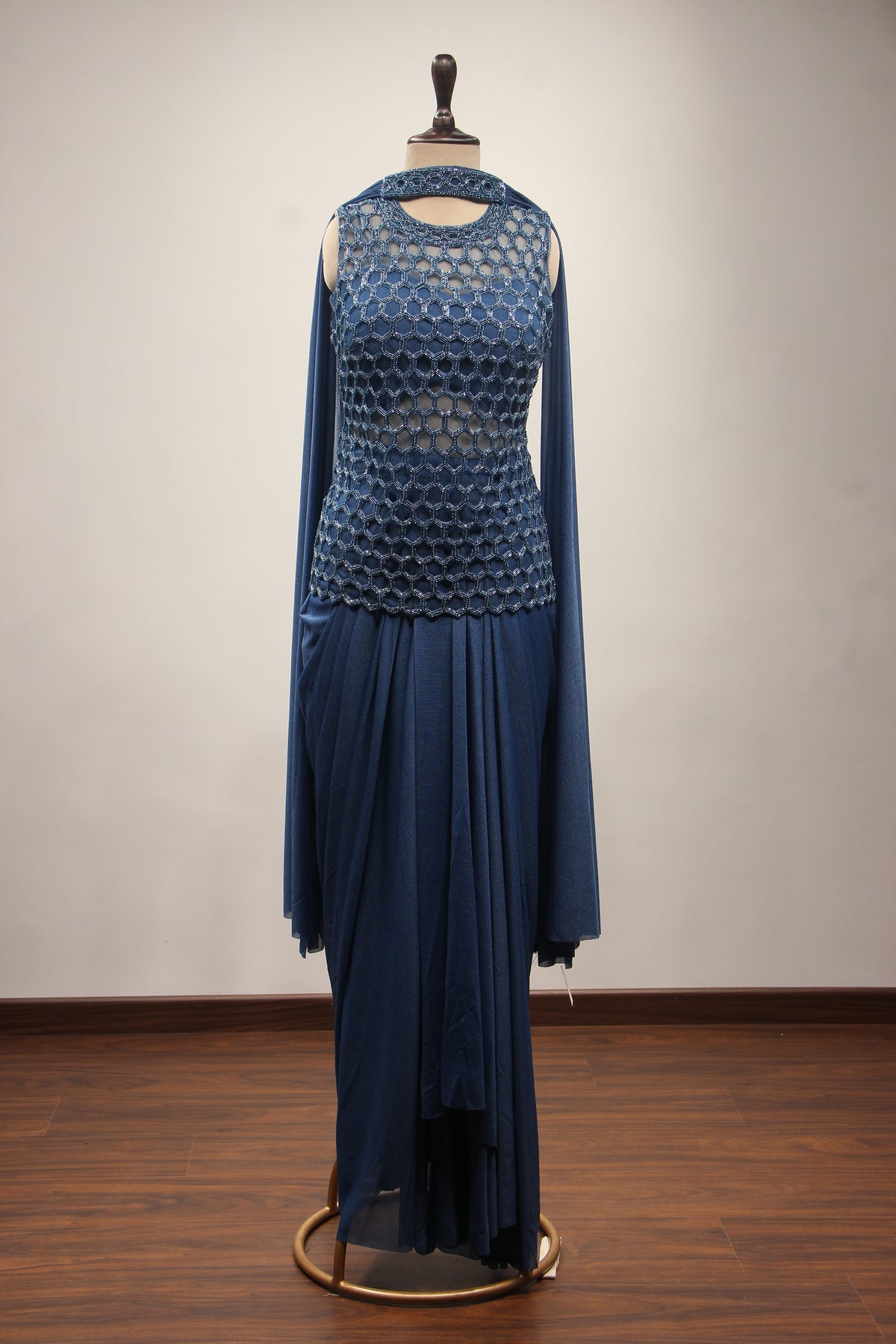 Imported Indo Western Honeycomb Long Top with Cut Dana & Bead Handwork in Blue – front view