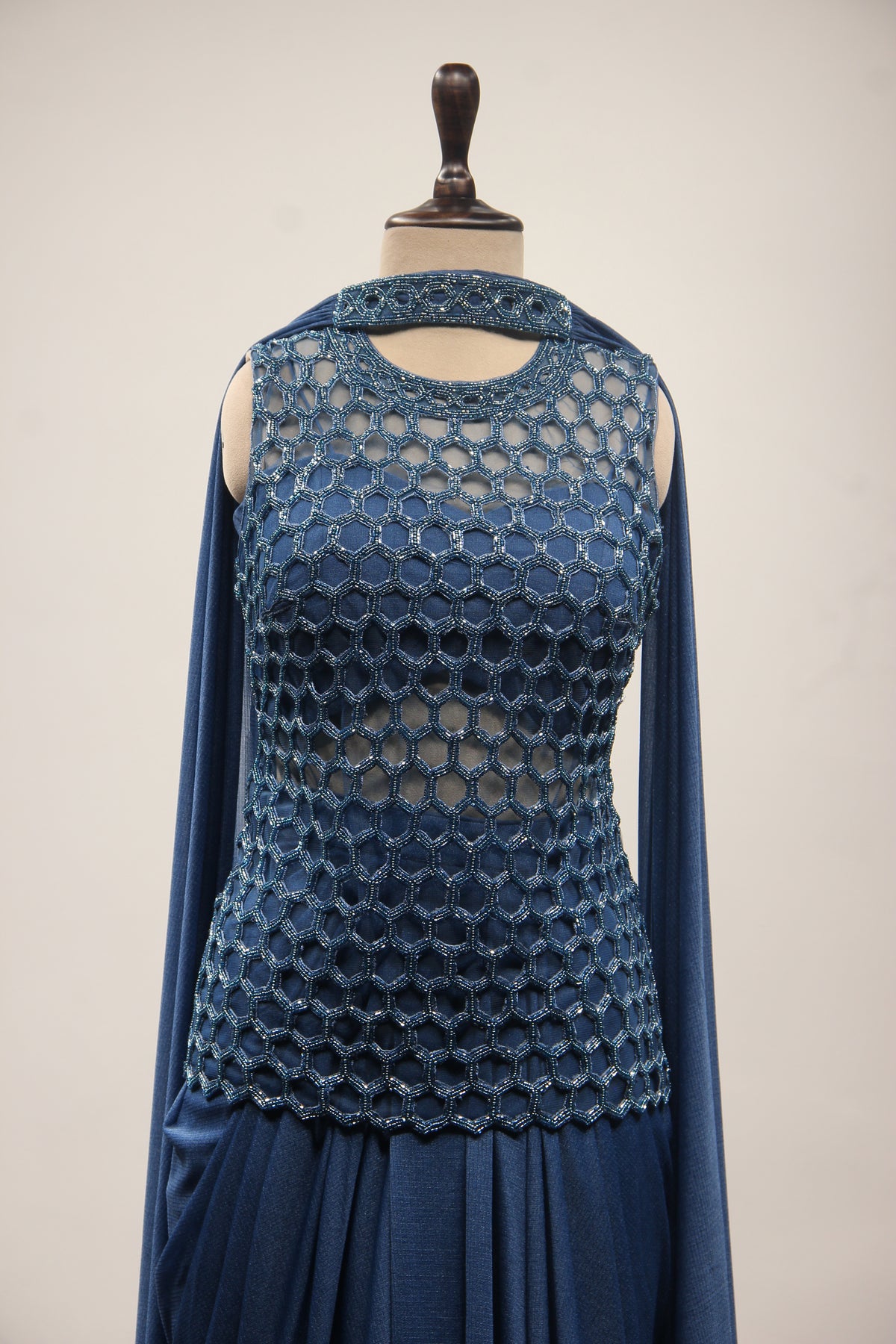 Imported Indo Western Honeycomb Long Top with Cut Dana & Bead Handwork in Blue – front close-up