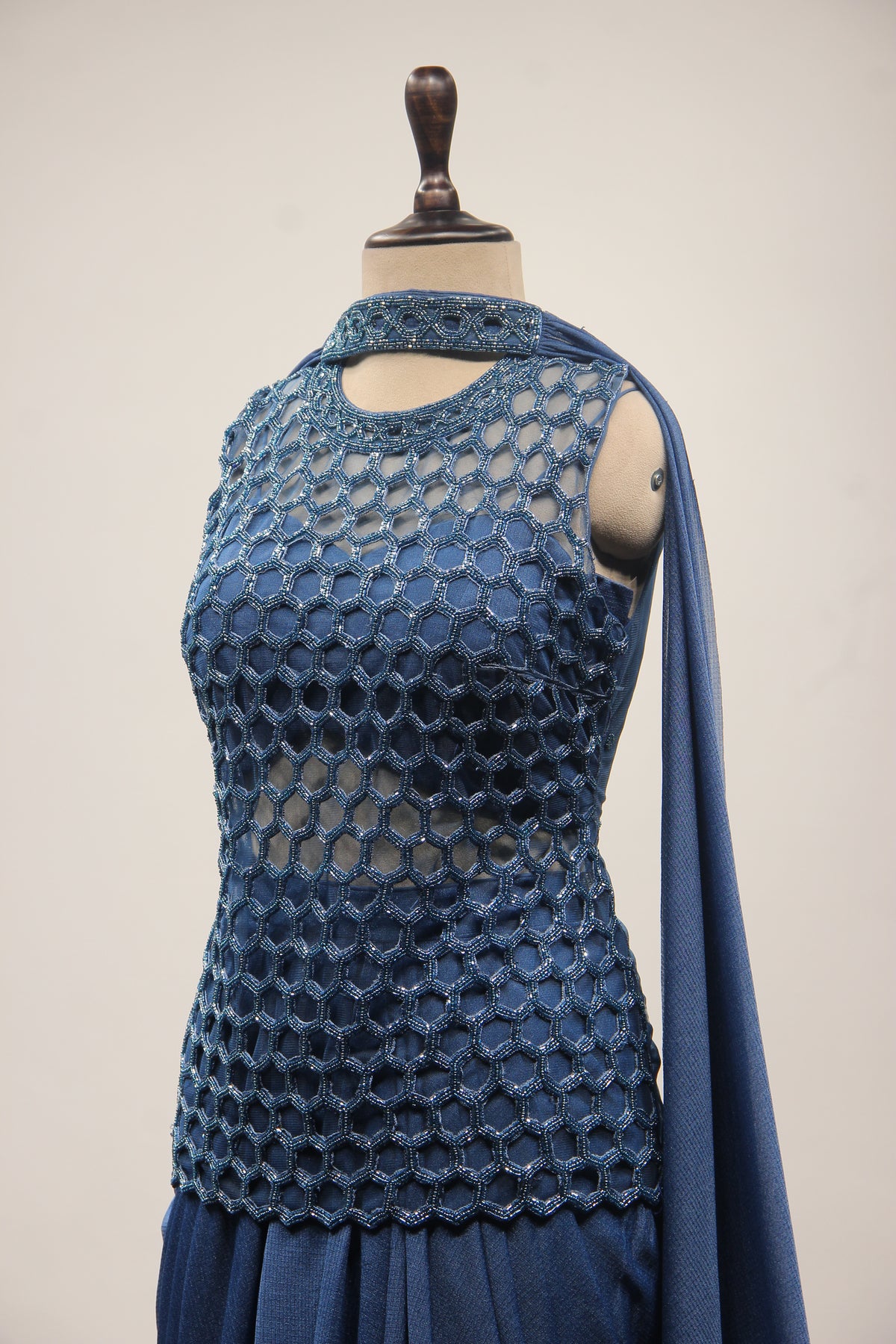 Imported Indo Western Honeycomb Long Top with Cut Dana & Bead Handwork in Blue – side close-up