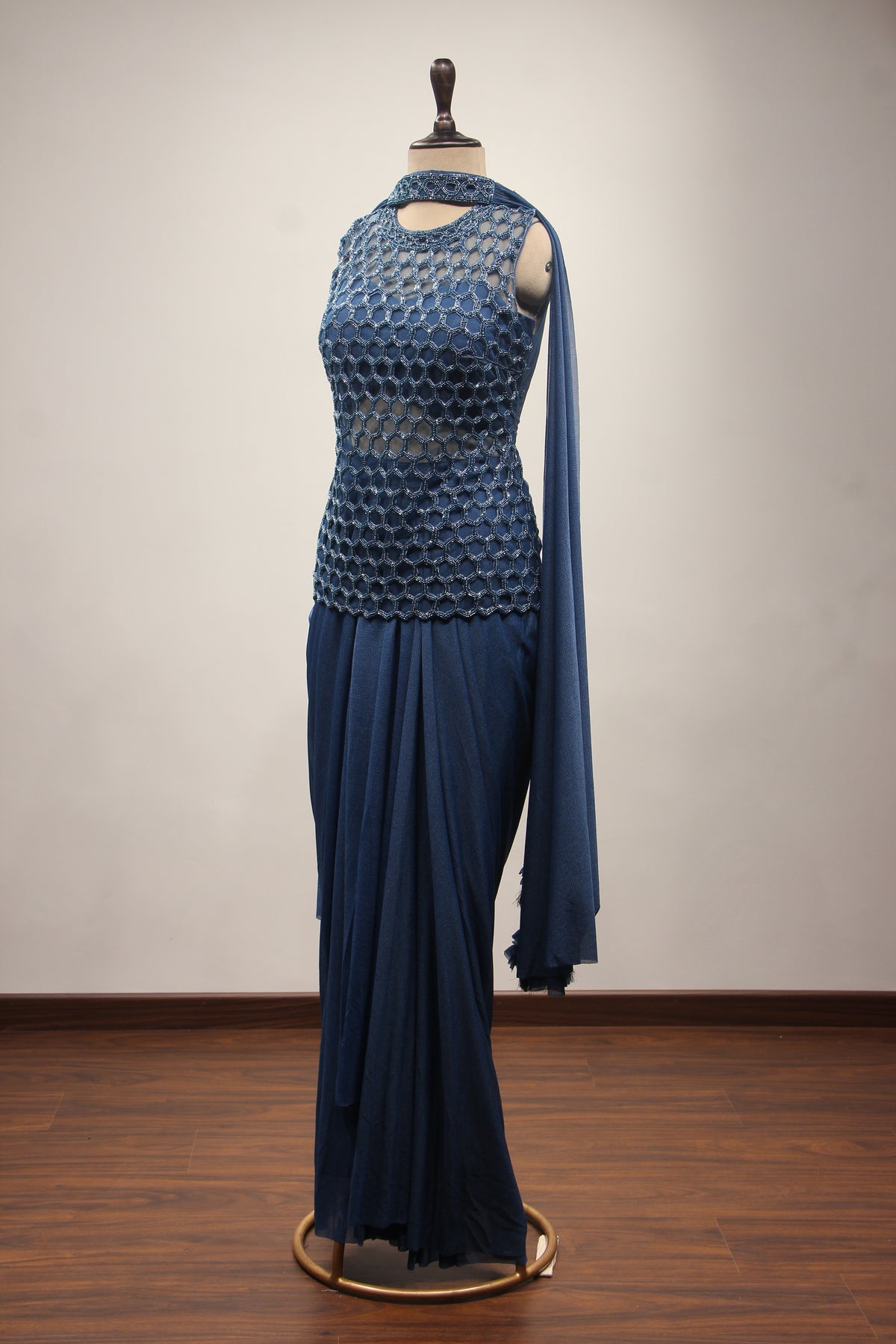 Imported Indo Western Honeycomb Long Top with Cut Dana & Bead Handwork in Blue – side view