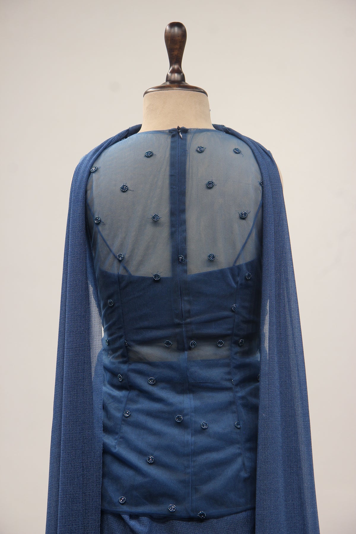 Imported Indo Western Honeycomb Long Top with Cut Dana & Bead Handwork in Blue – back close-up