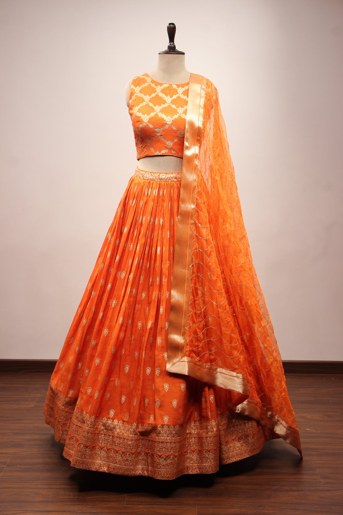 Orange Banarsi Brocade Lehenga with Woven Handwork Halter Neck