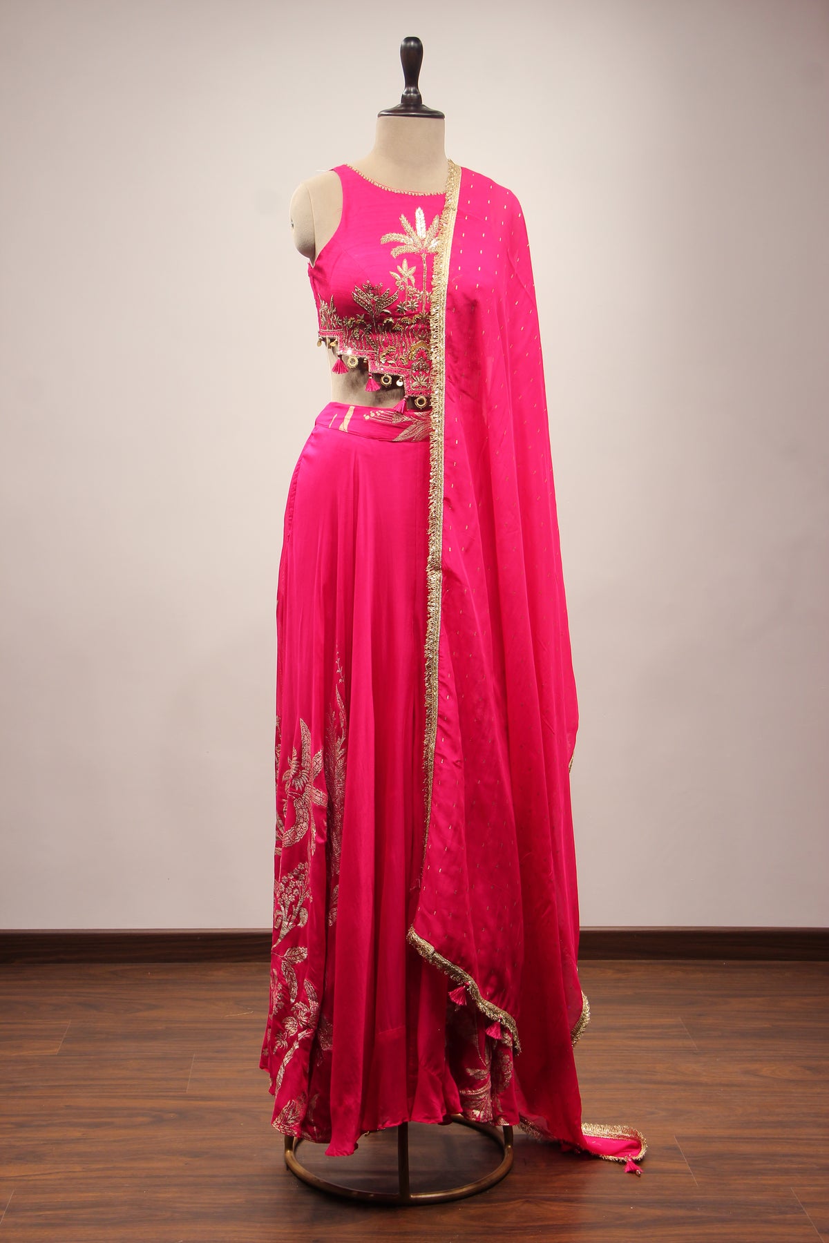 Organza Halter Neck Palazzo Indo Western with Sequin & Zari Handwork in Pink – front view