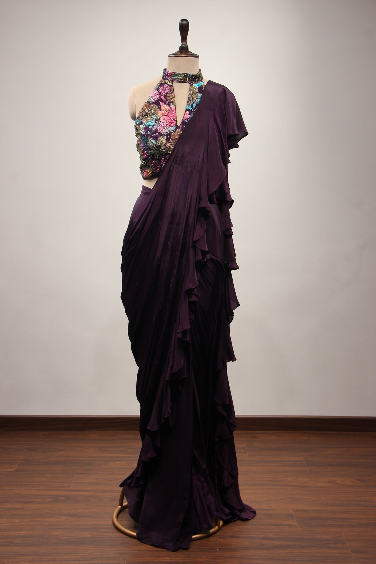 Crepe Purple Ruffled Drape Saree with Printed & Cut Dana Handwork