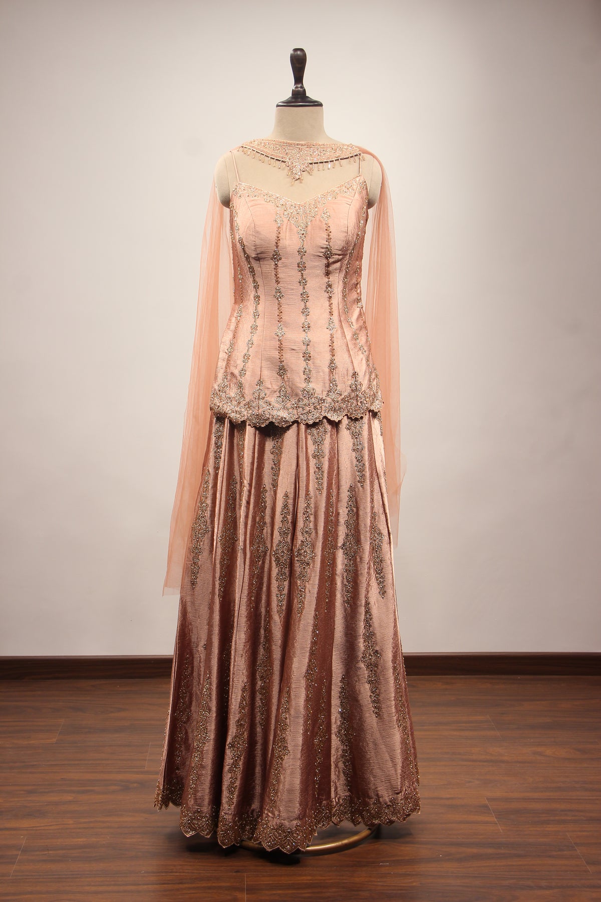 Peach Satin Sharara Suit with Zardozi & Sequin Handwork Choker Dupatta – front view