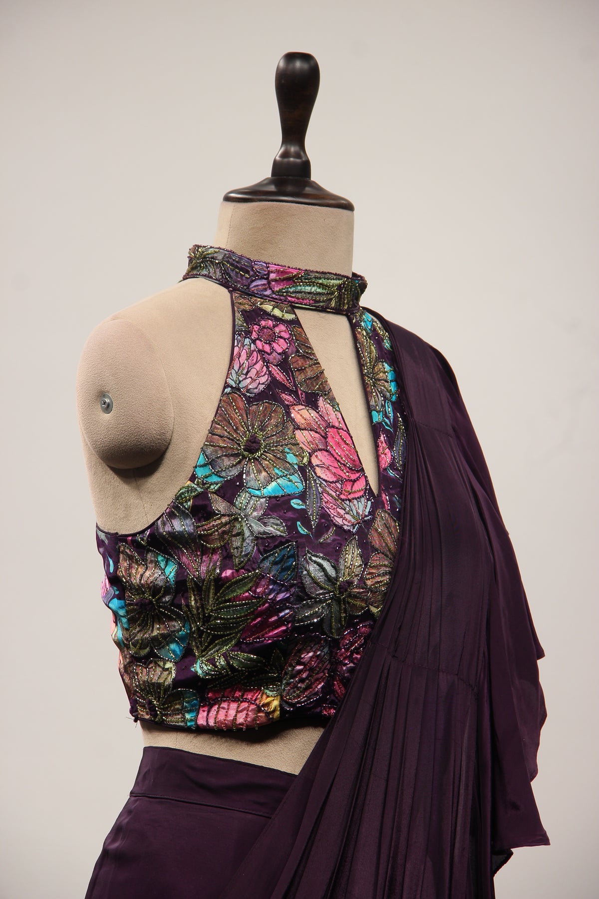 Crepe Purple Ruffled Drape Saree with Printed & Cut Dana Handwork