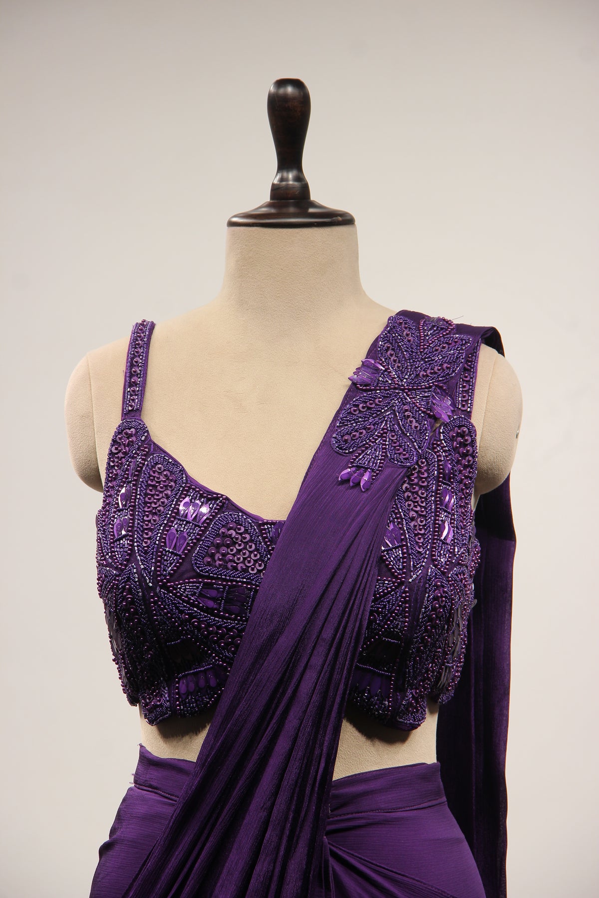 Crepe Purple Drape Saree with Bead & Sequin Handwork Crop Top
