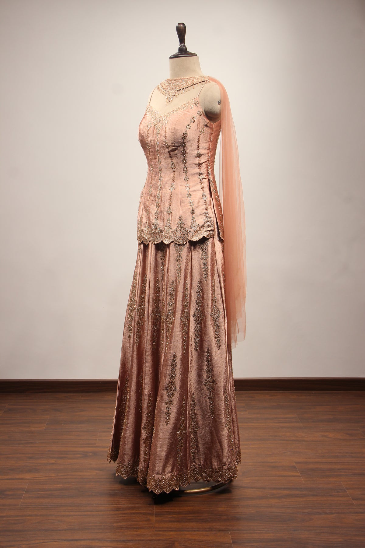 Peach Satin Sharara Suit with Zardozi & Sequin Handwork Choker Dupatta – side view