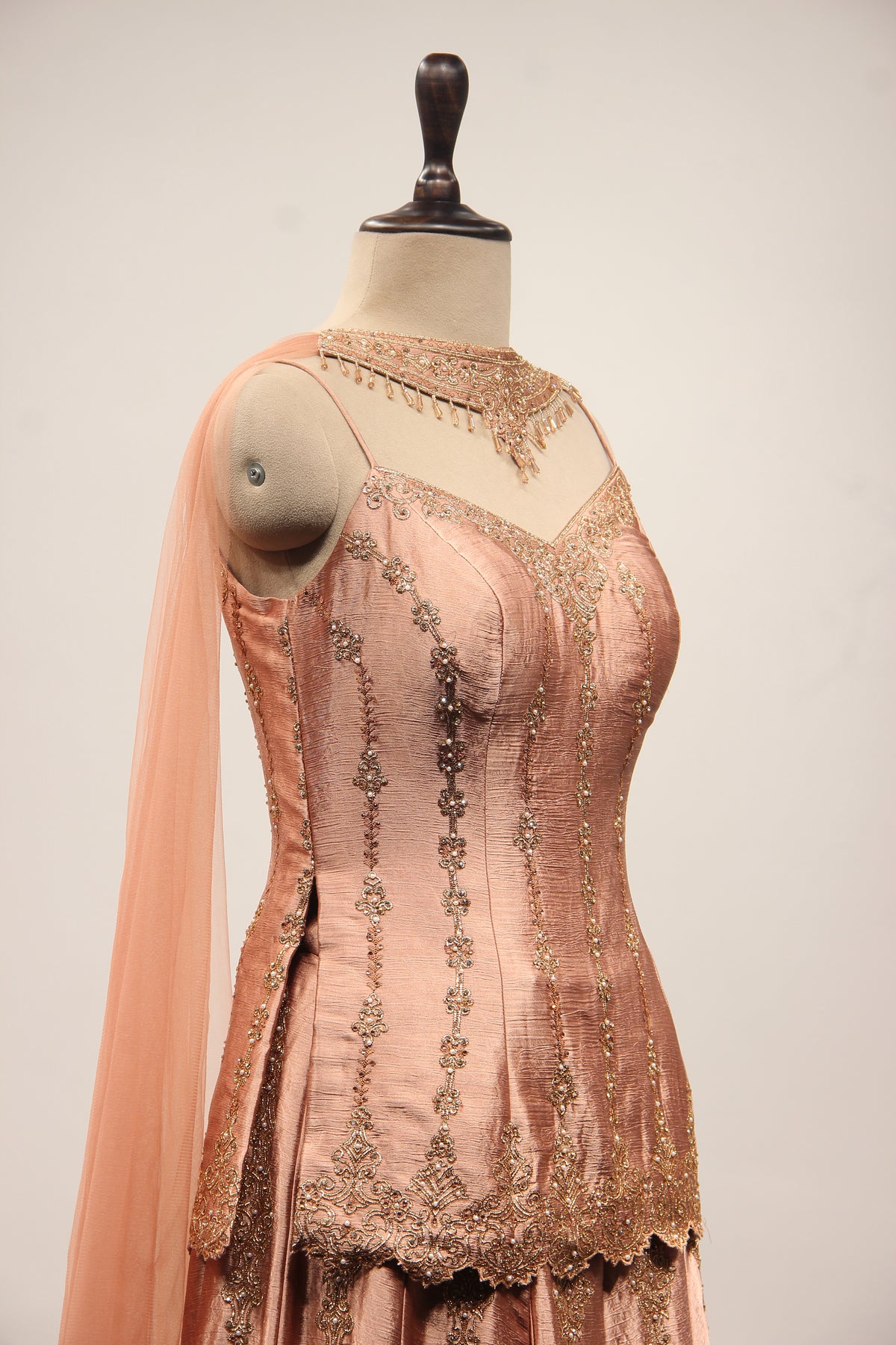 Peach Satin Sharara Suit with Zardozi & Sequin Handwork Choker Dupatta – other side close-up