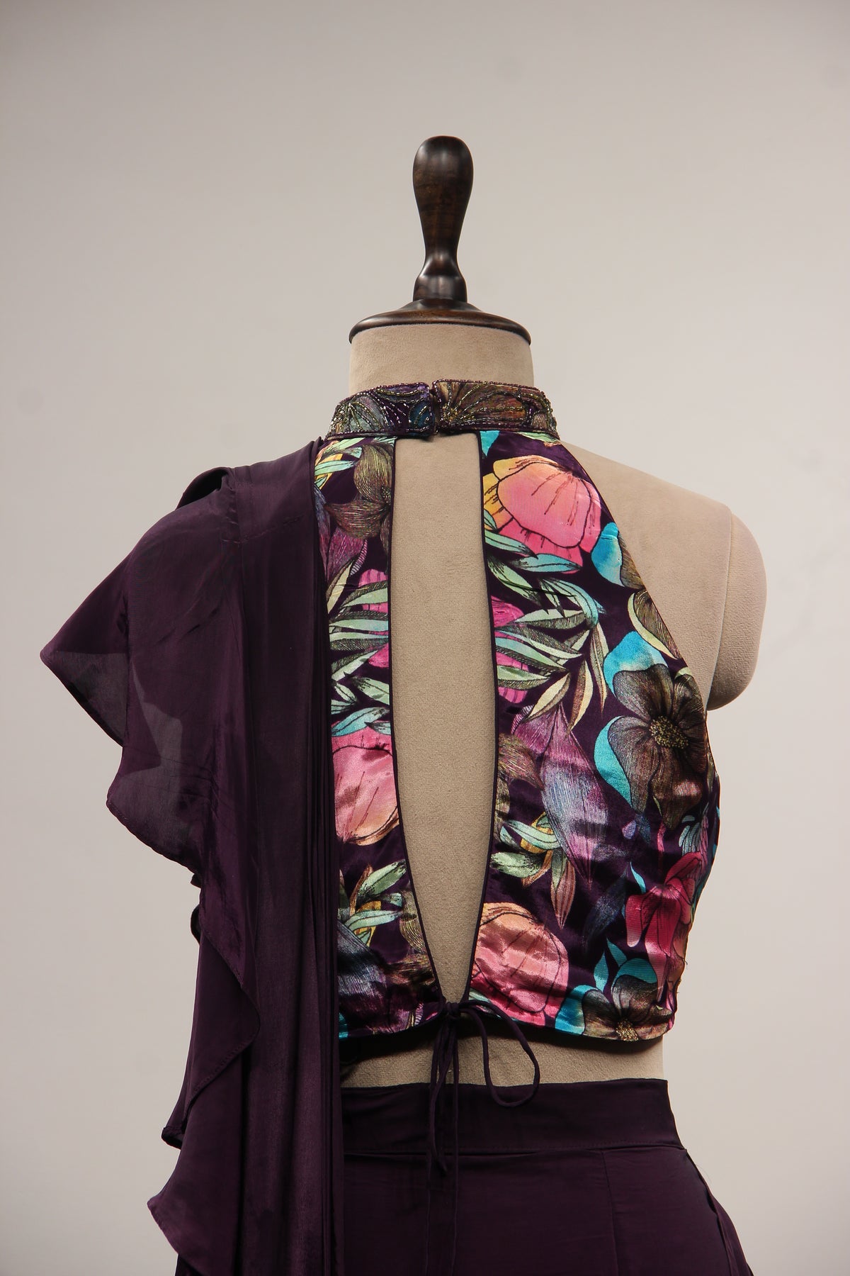 Crepe Purple Ruffled Drape Saree with Printed & Cut Dana Handwork