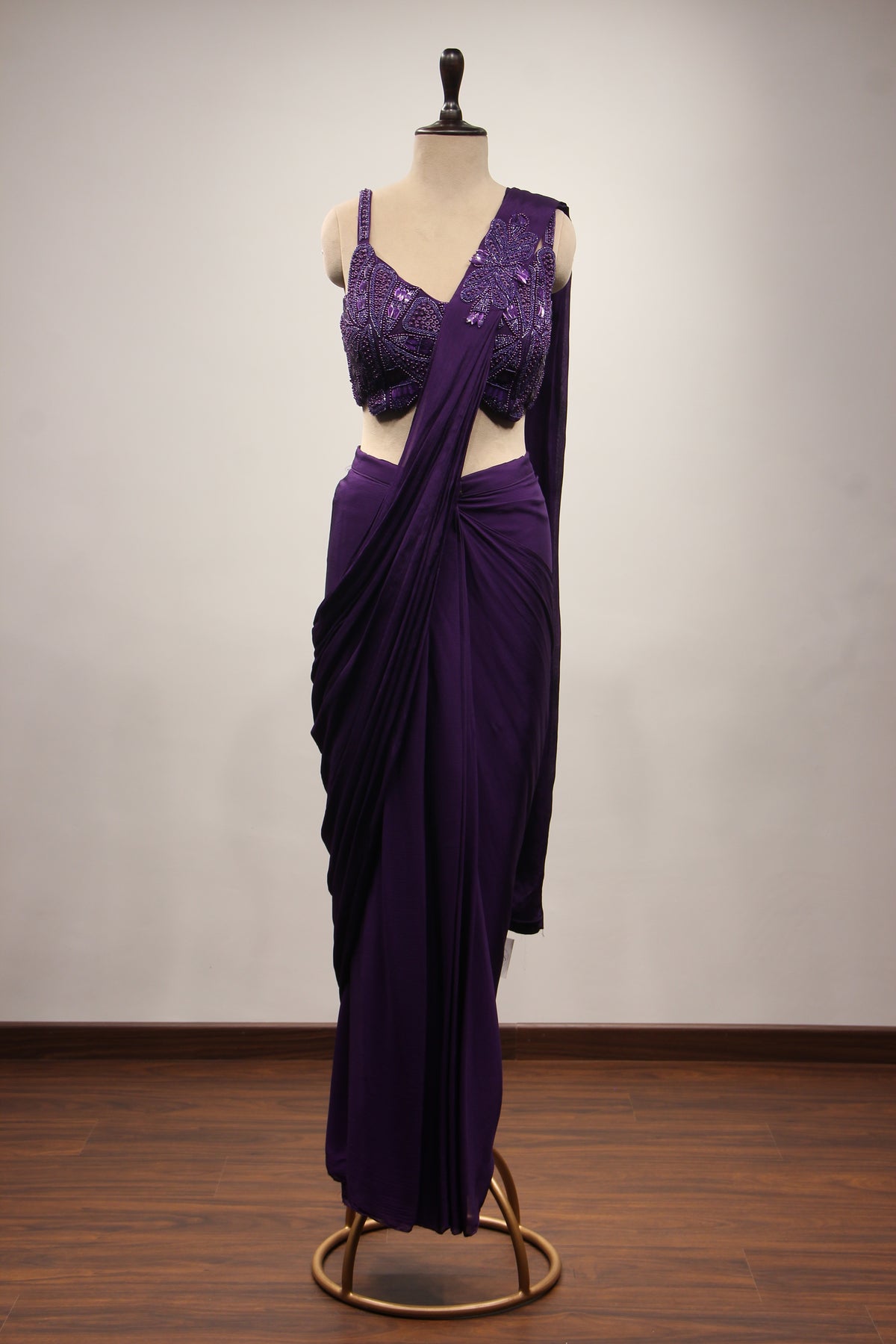 Crepe Purple Drape Saree with Bead & Sequin Handwork Crop Top