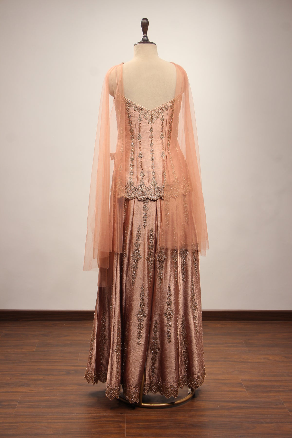 Peach Satin Sharara Suit with Zardozi & Sequin Handwork Choker Dupatta – back view