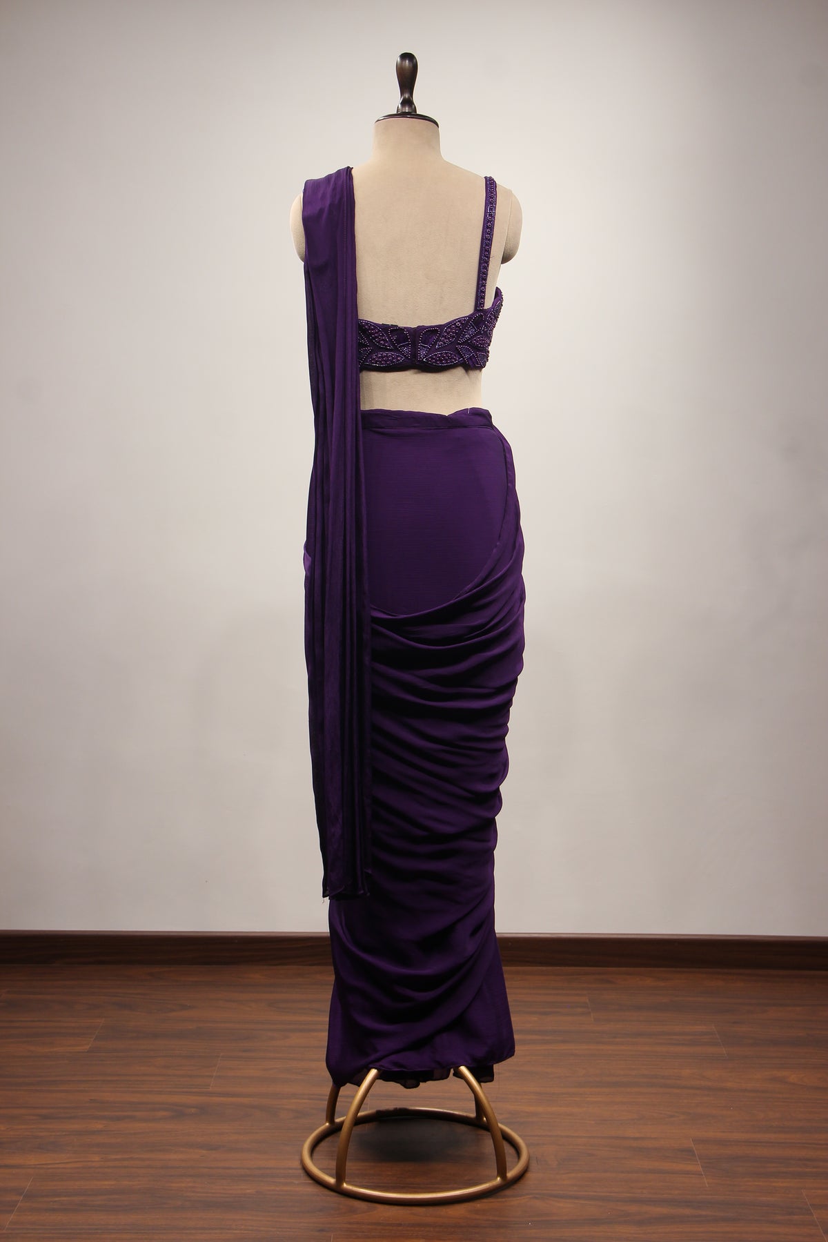 Crepe Purple Drape Saree with Bead & Sequin Handwork Crop Top