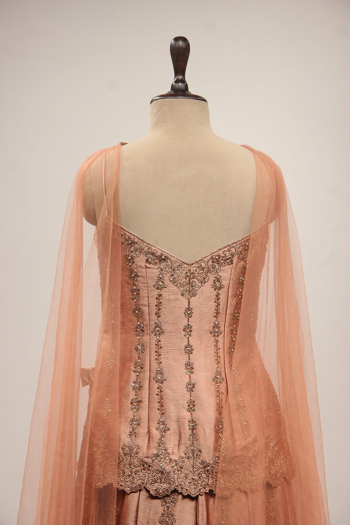 Peach Satin Sharara Suit with Zardozi & Sequin Handwork Choker Dupatta – back close-up