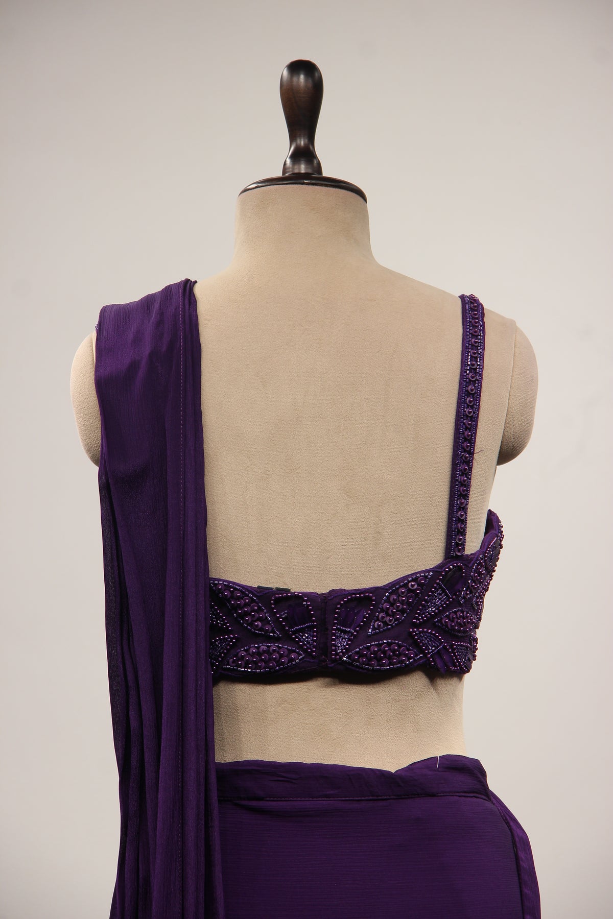 Crepe Purple Drape Saree with Bead & Sequin Handwork Crop Top