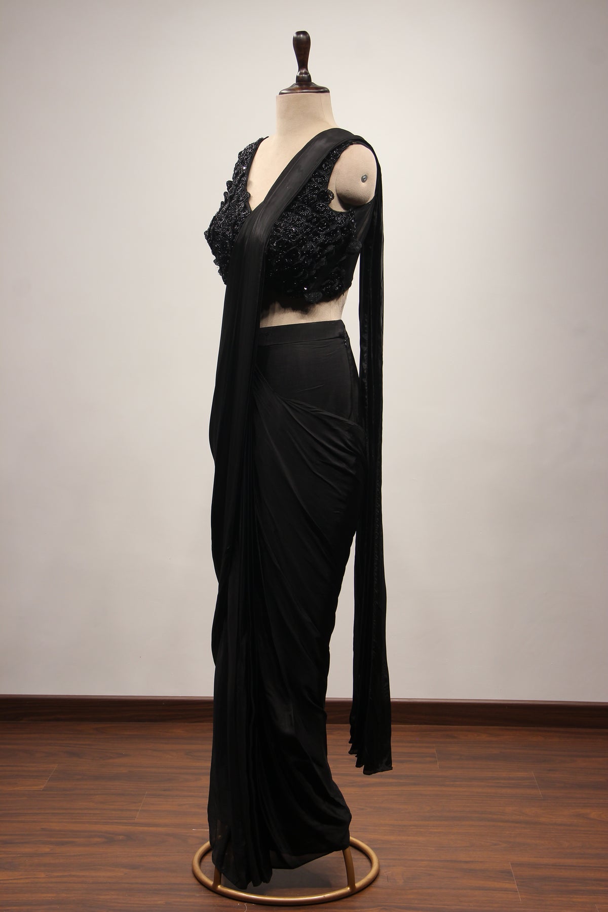 Crepe Black Drape Saree with Cut Dana & Sequin Handwork