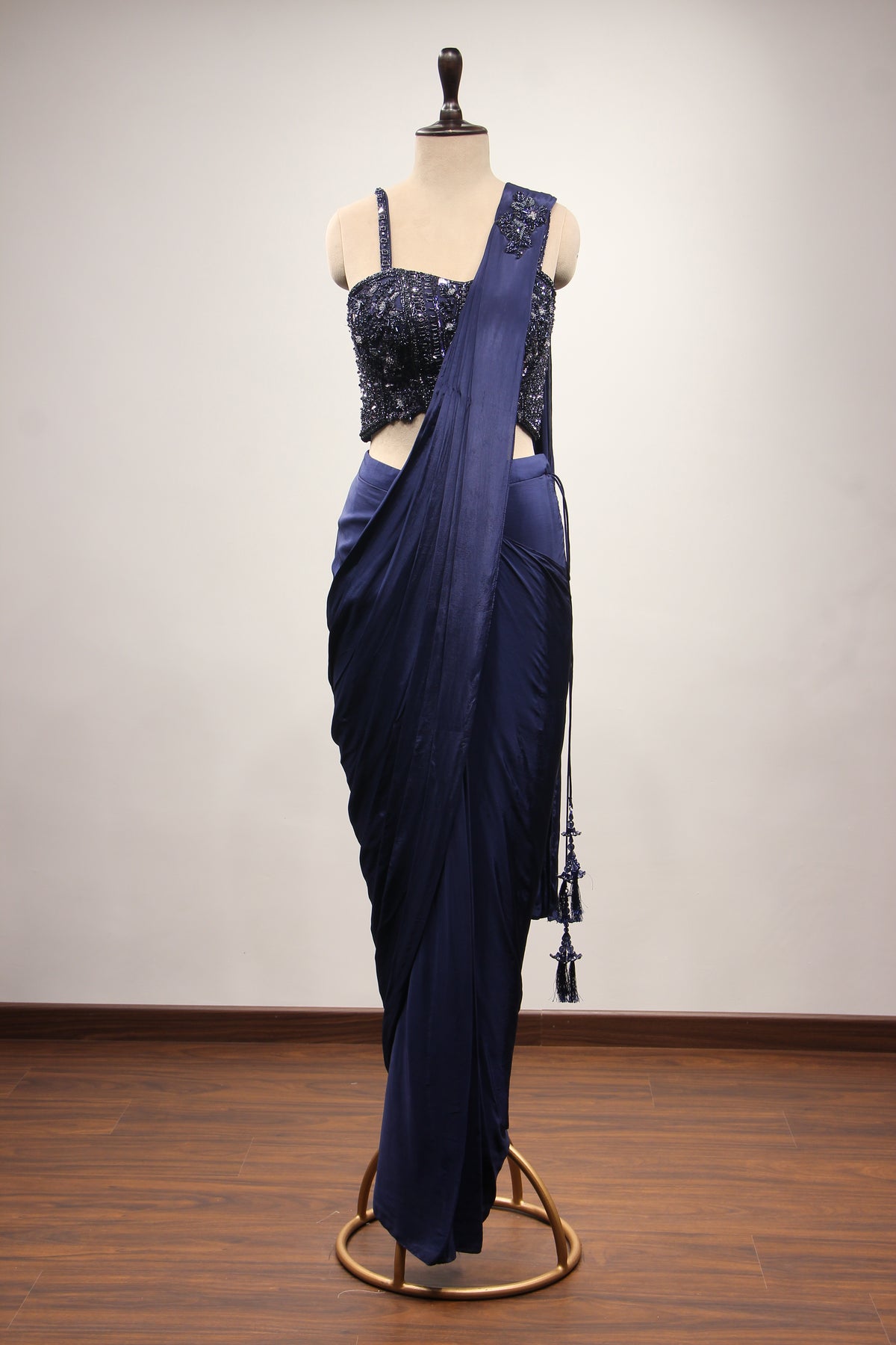 Crepe Navy Blue Drape Saree with Cut Dana & Sequin Handwork
