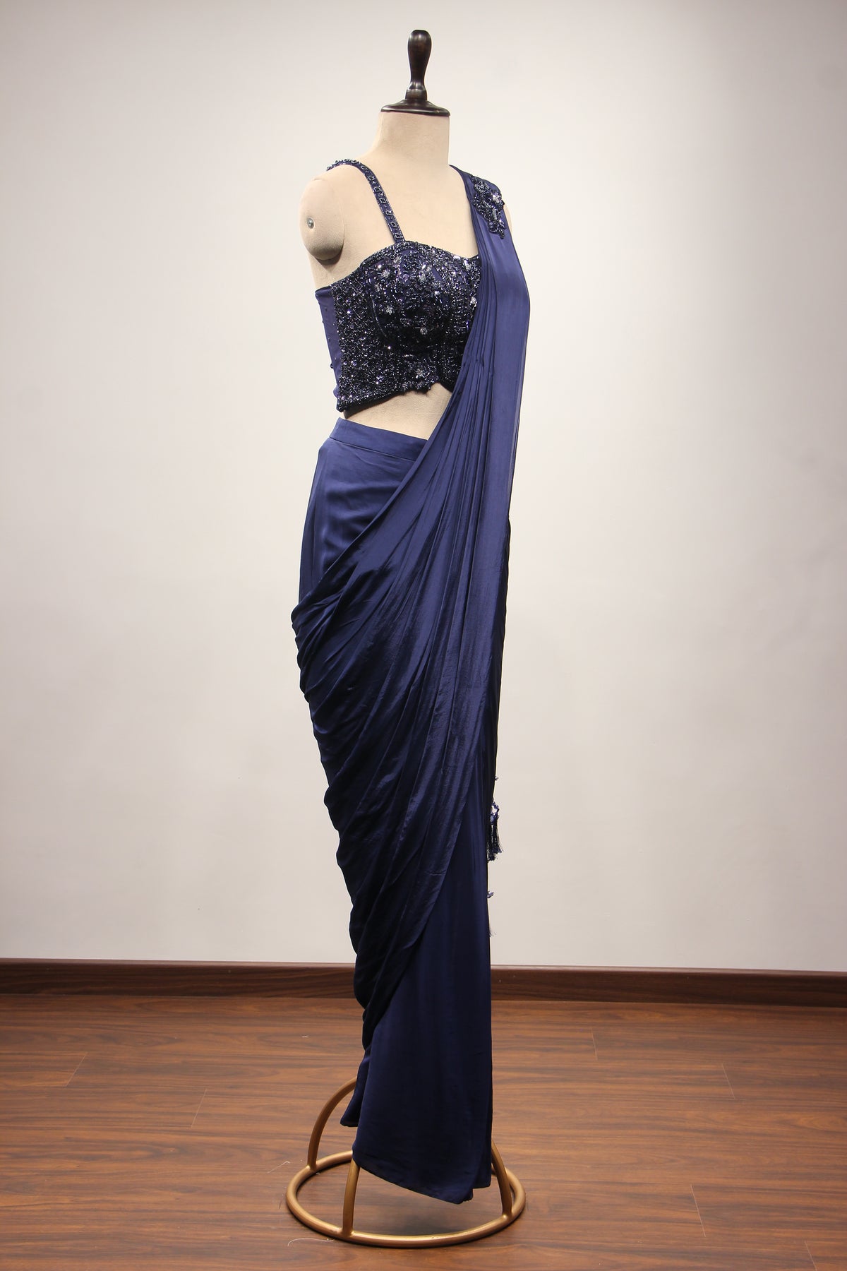 Crepe Navy Blue Drape Saree with Cut Dana & Sequin Handwork
