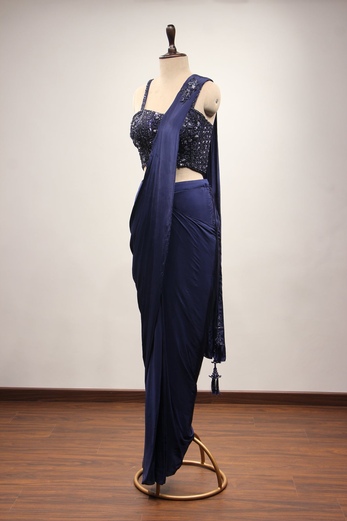 Crepe Navy Blue Drape Saree with Cut Dana & Sequin Handwork