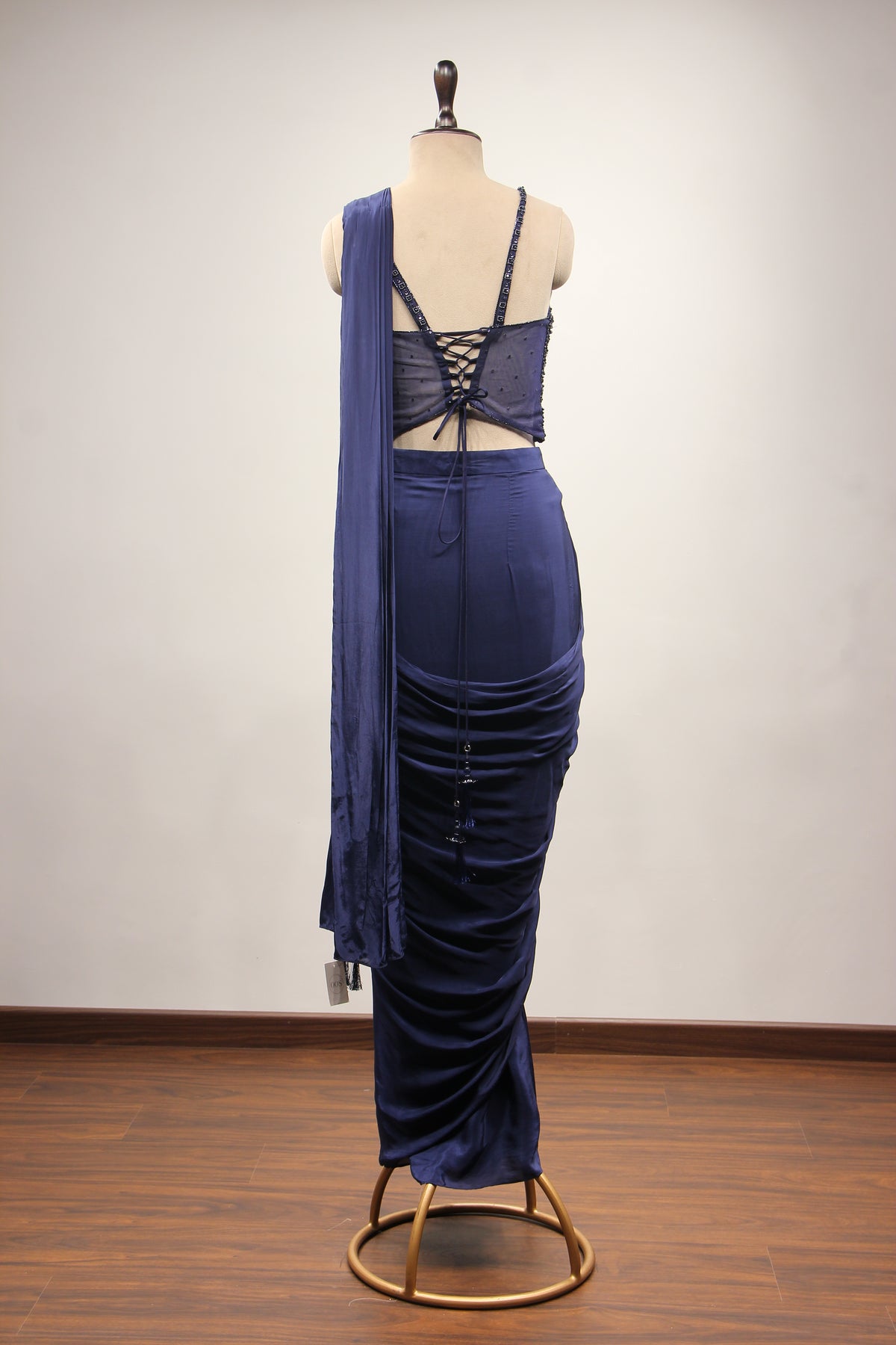 Crepe Navy Blue Drape Saree with Cut Dana & Sequin Handwork