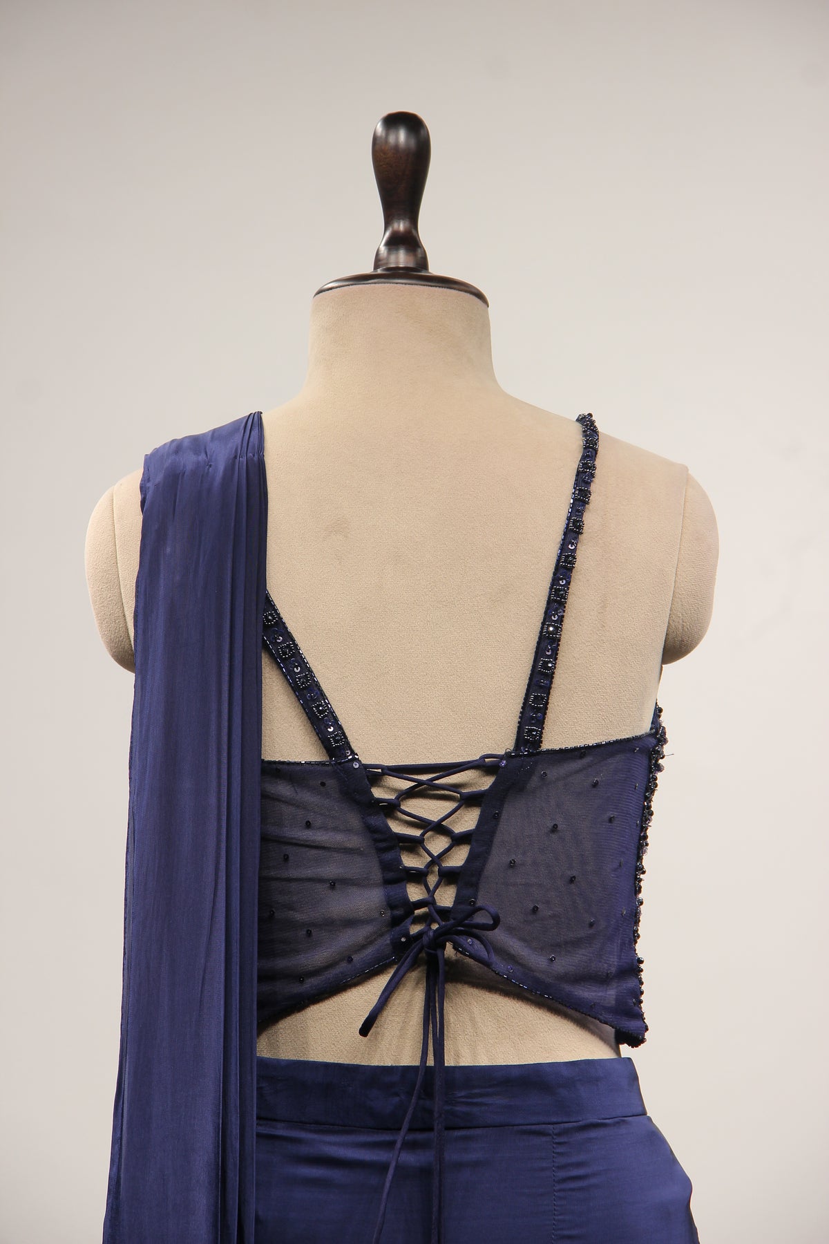 Crepe Navy Blue Drape Saree with Cut Dana & Sequin Handwork