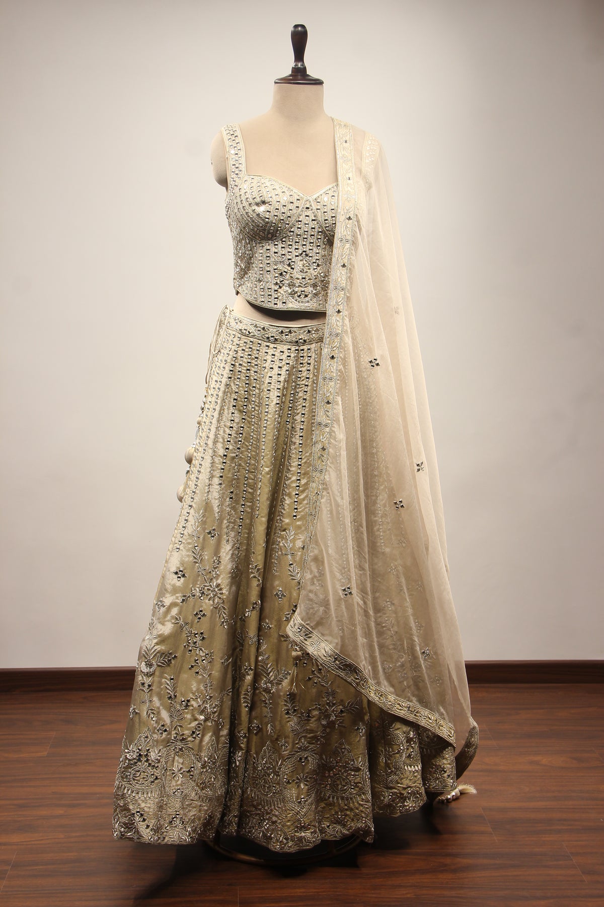 Grey Tissue Lehenga with Mirror & Zari Handwork Sweetheart Corset – front view