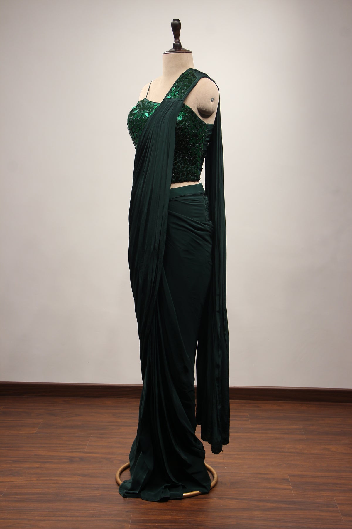 Bottle Green Crepe Drape Saree with Mirror & Bead Handwork Corset – side view