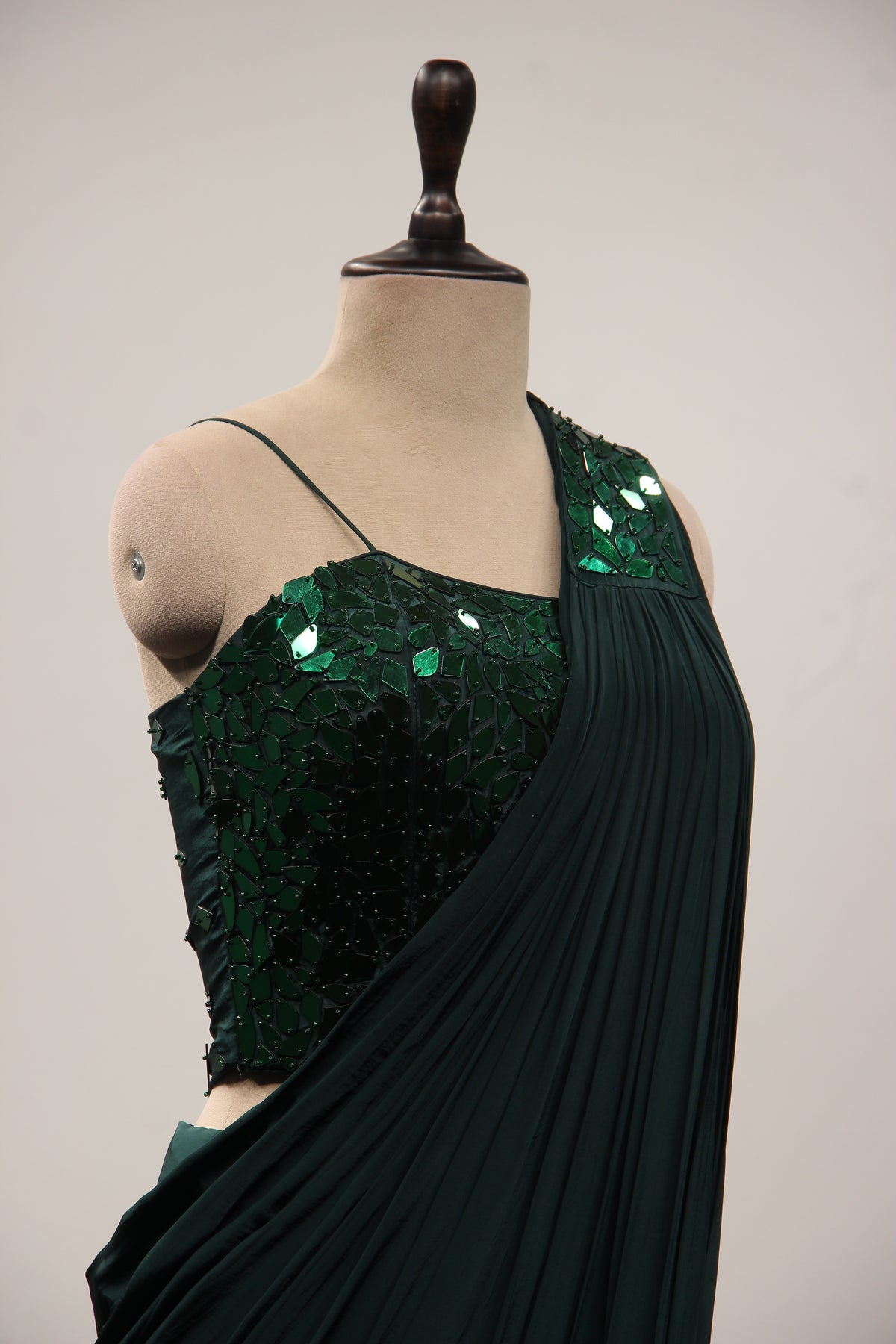 Bottle Green Crepe Drape Saree with Mirror & Bead Handwork Corset – other side close-up
