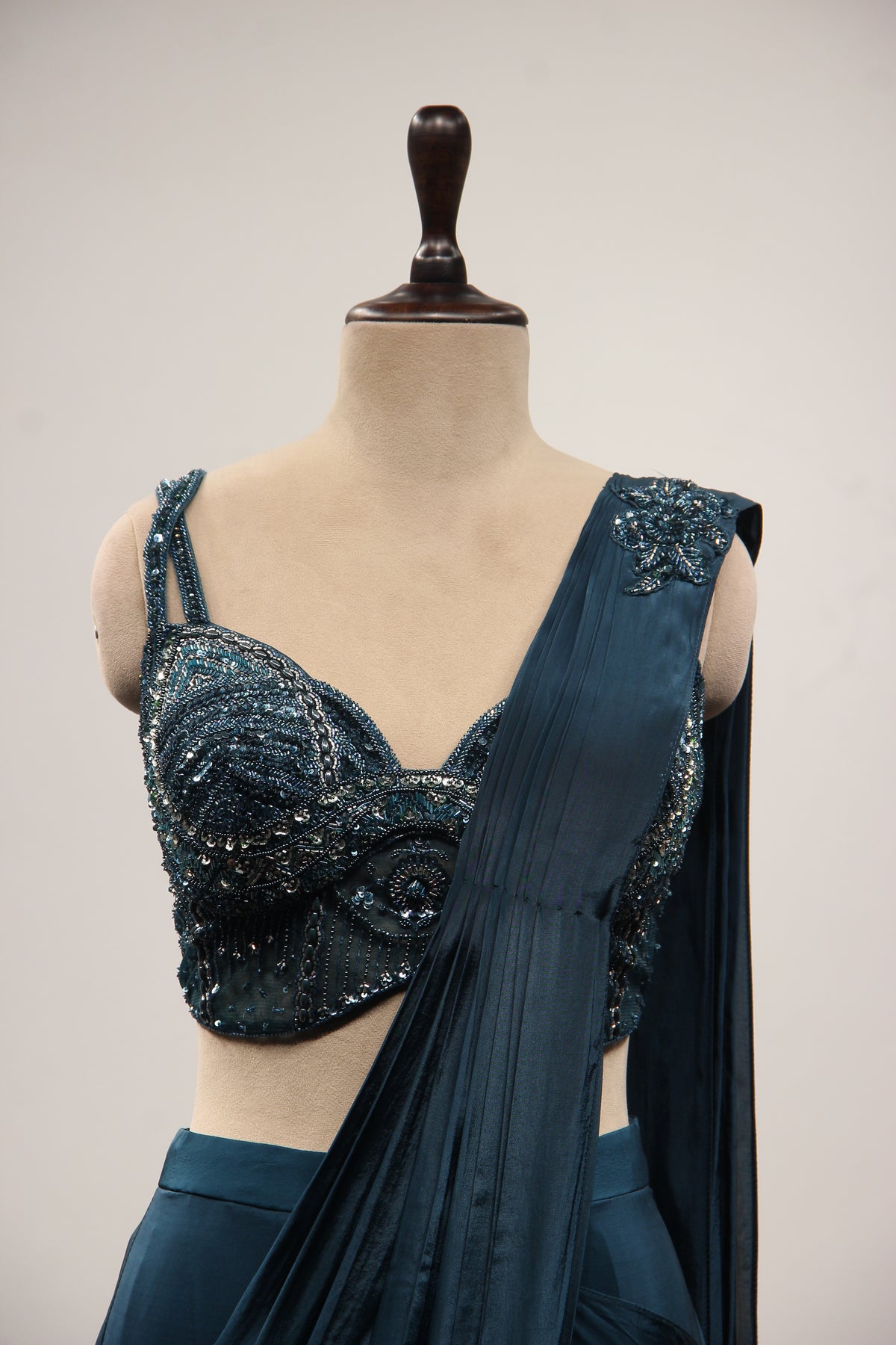 Crepe Dusty Blue Drape Saree with Cut Dana & Sequin Handwork