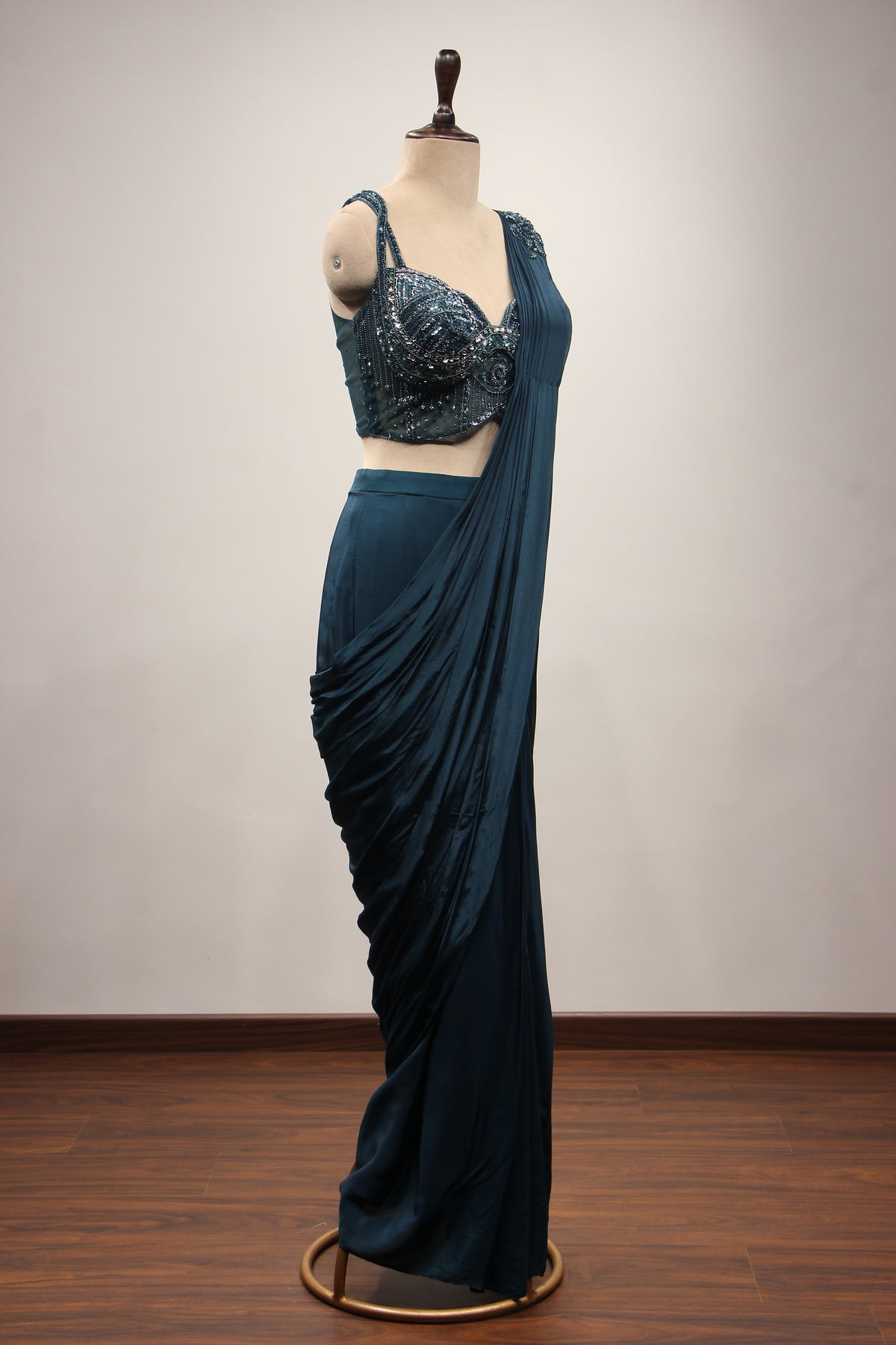 Crepe Dusty Blue Drape Saree with Cut Dana & Sequin Handwork