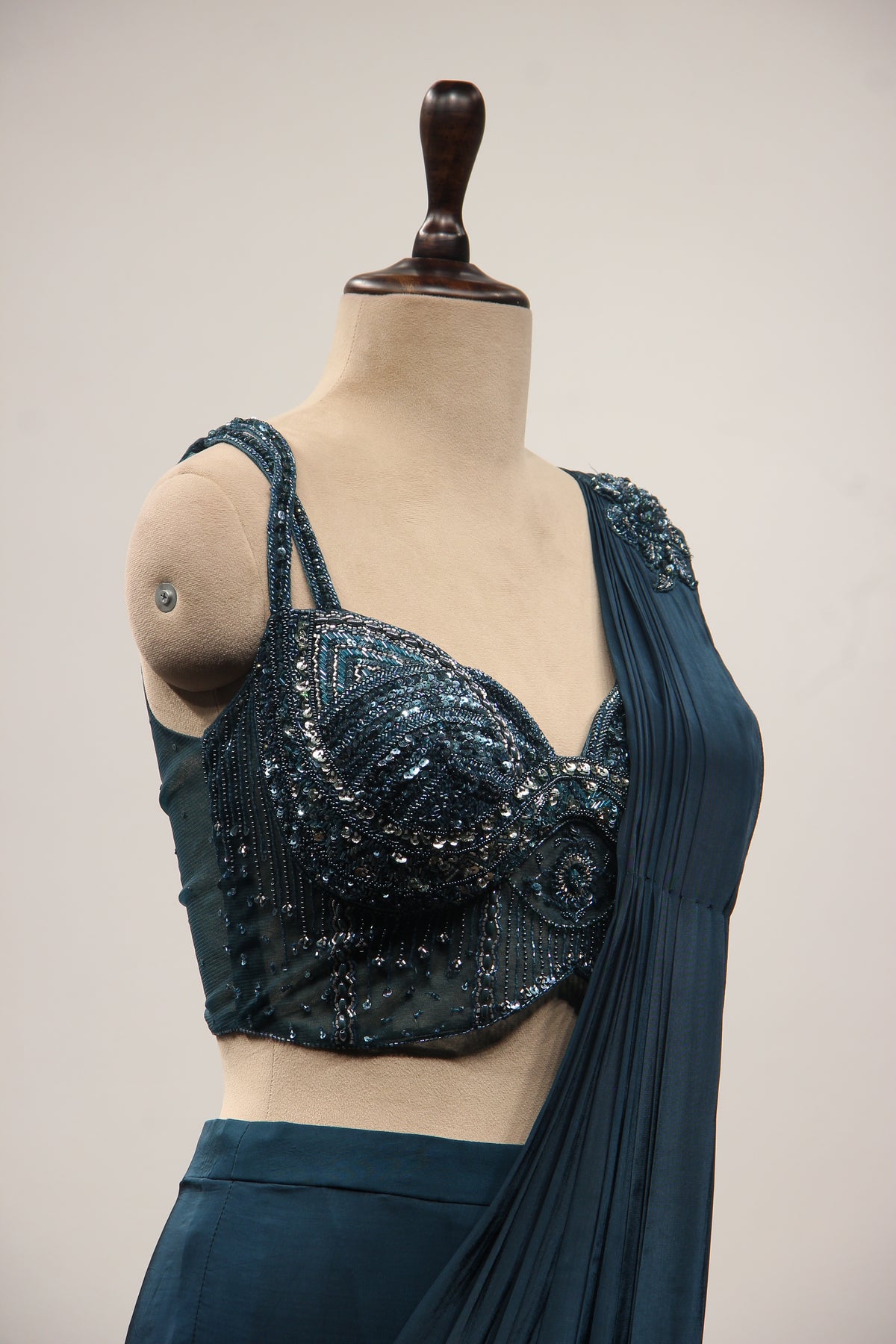 Crepe Dusty Blue Drape Saree with Cut Dana & Sequin Handwork