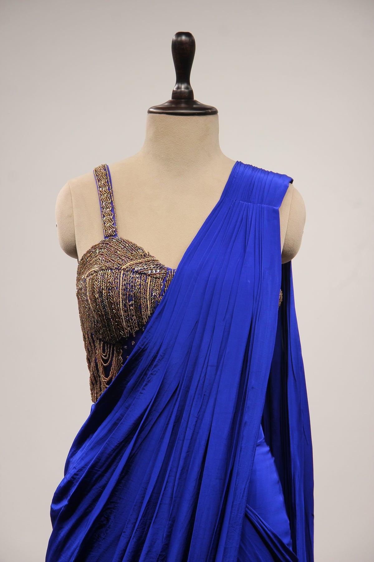 Crepe Electric Blue Drape Saree with Cut Dana & Zardozi Handwork