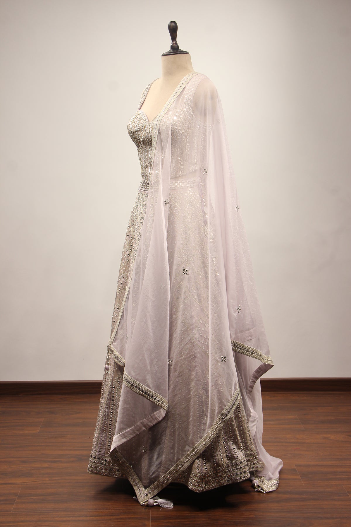 Lilac Shimmer Tissue Corset Lehenga with Mirror & Sequin Handwork – side view