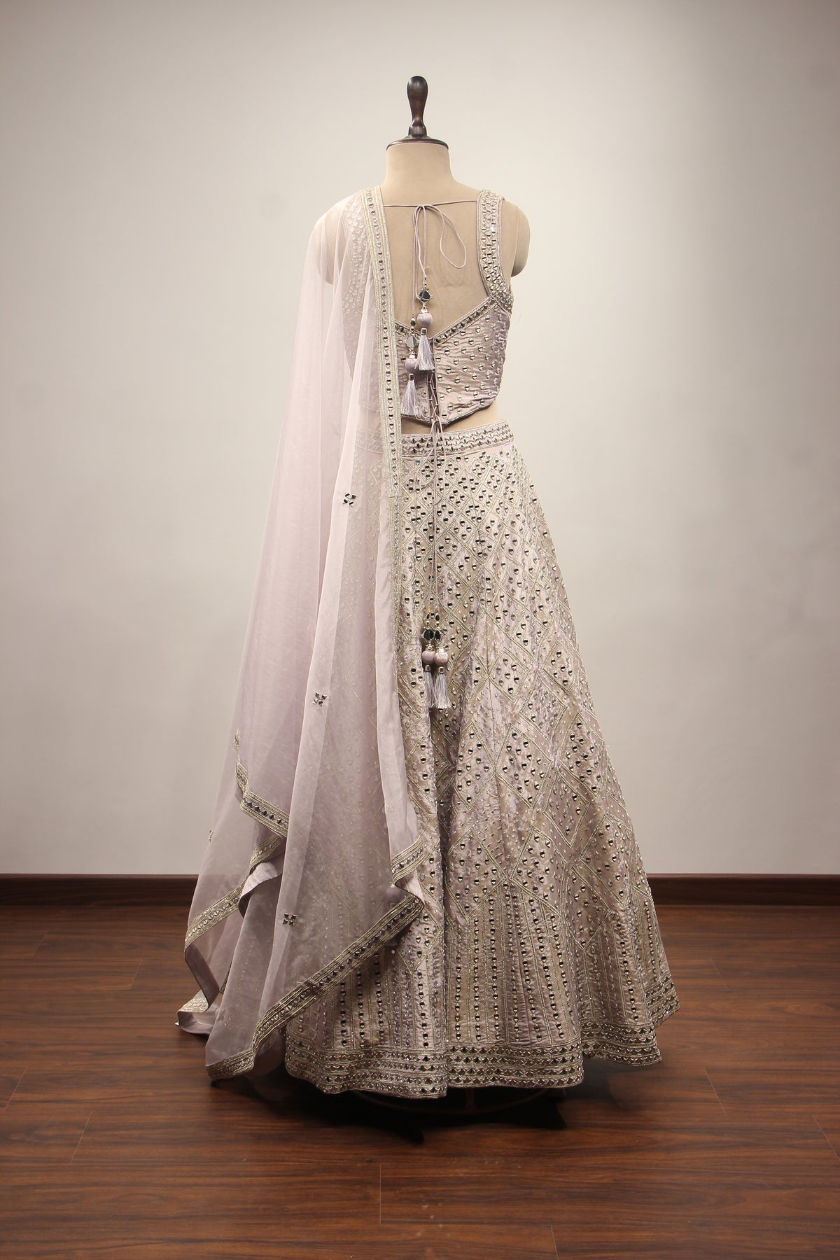 Lilac Shimmer Tissue Corset Lehenga with Mirror & Sequin Handwork – back view