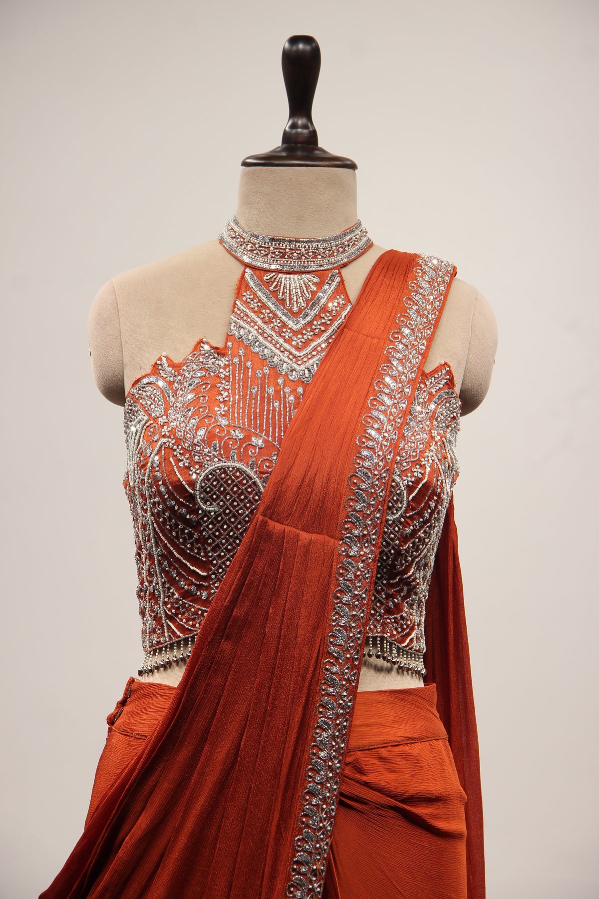 Crepe Ready-to-Wear Drape Saree with Cut Dana & Bead Handwork in Orange – front close-up