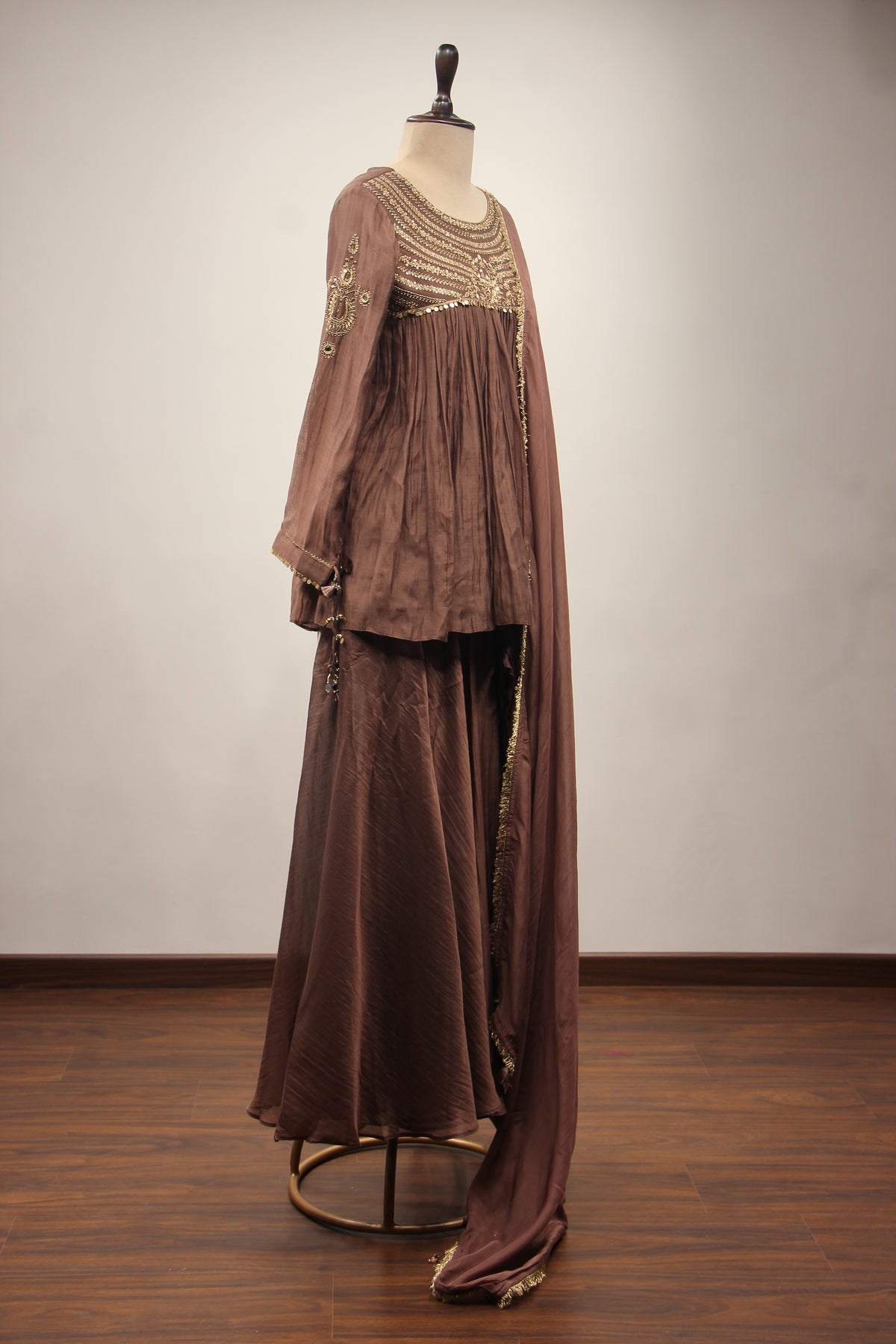 Chanderi Peplum Sharara Suit with Sequin & Zari Handwork Yoke in Brown – other side view