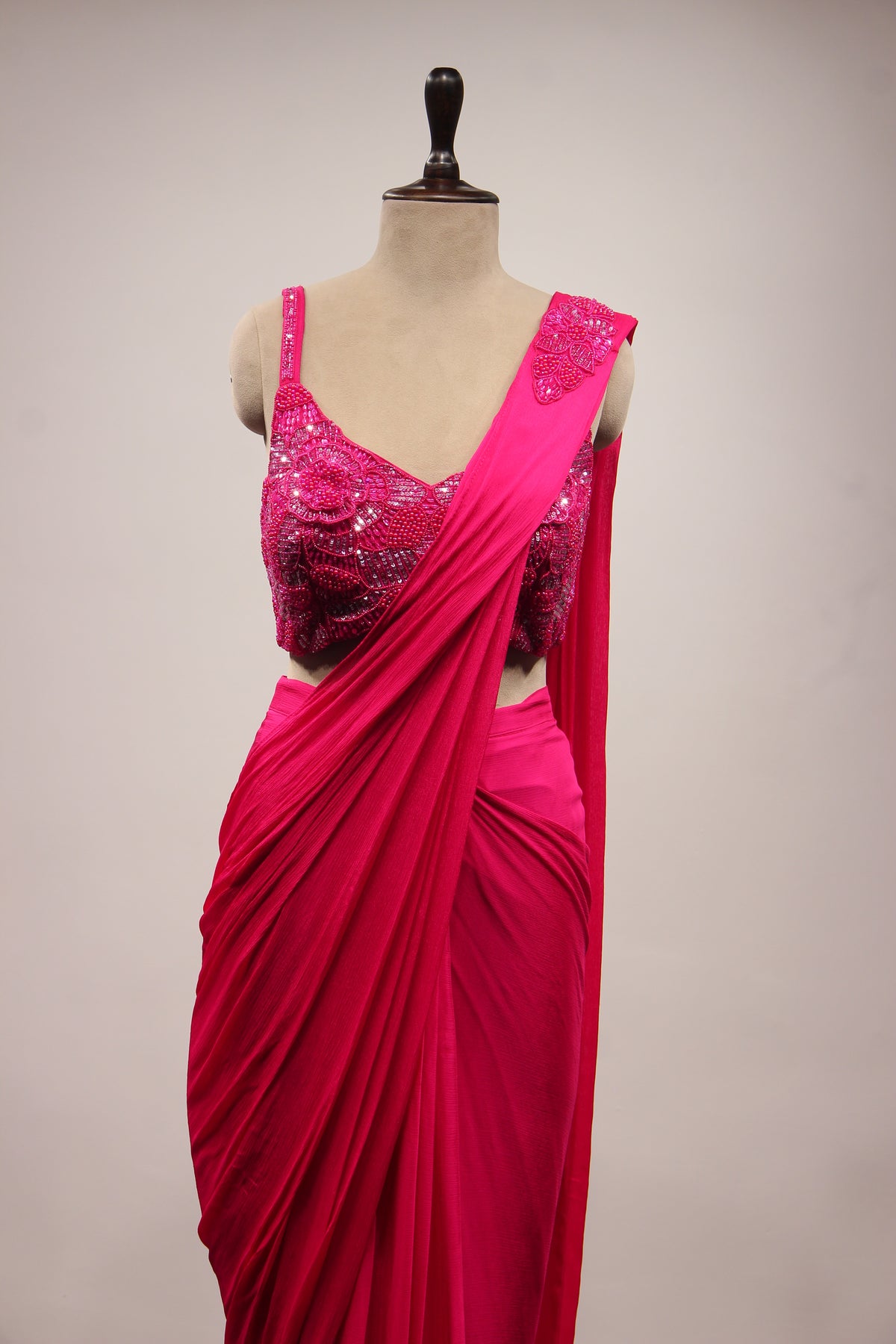 Crepe Ready-to-Wear Drape Saree with Bead & Cut Dana Handwork