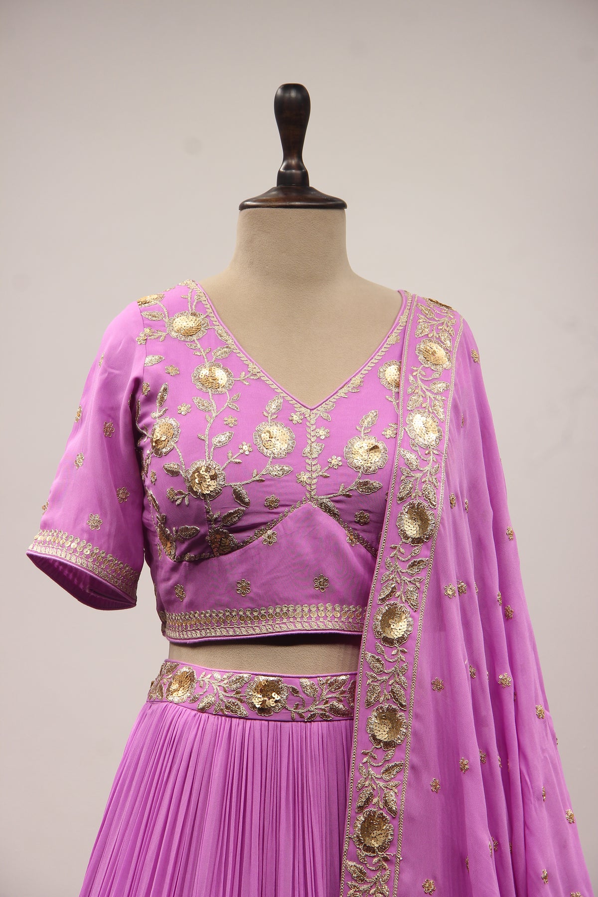 Georgette Crop Top Lehenga with Hand Embroidery & Zari Handwork in Purple – front close-up