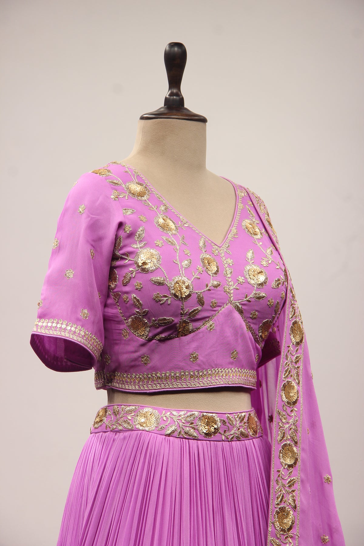 Georgette Crop Top Lehenga with Hand Embroidery & Zari Handwork in Purple – other side close-up