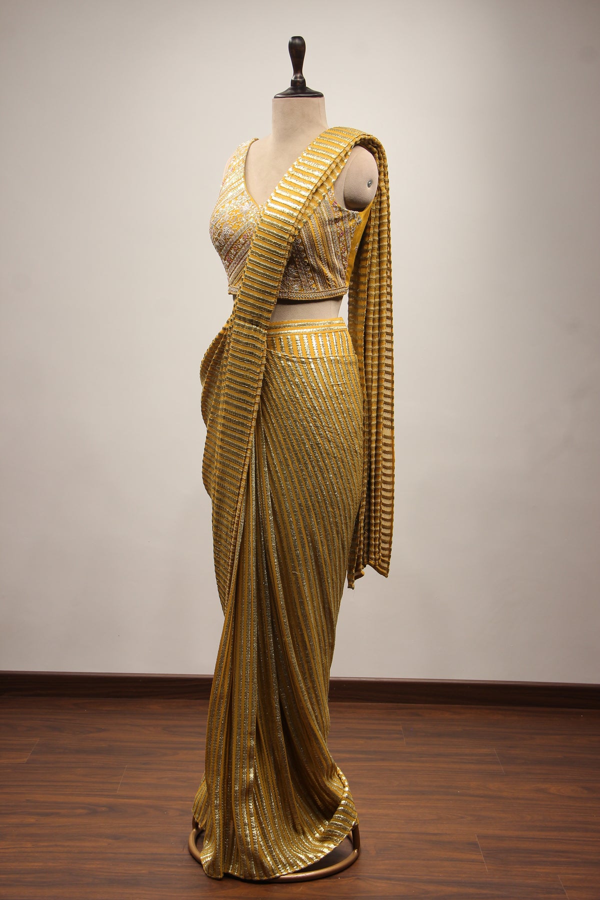 Yellow Georgette Ready-to-Wear Drape Saree with Bead & Cut Dana Handwork