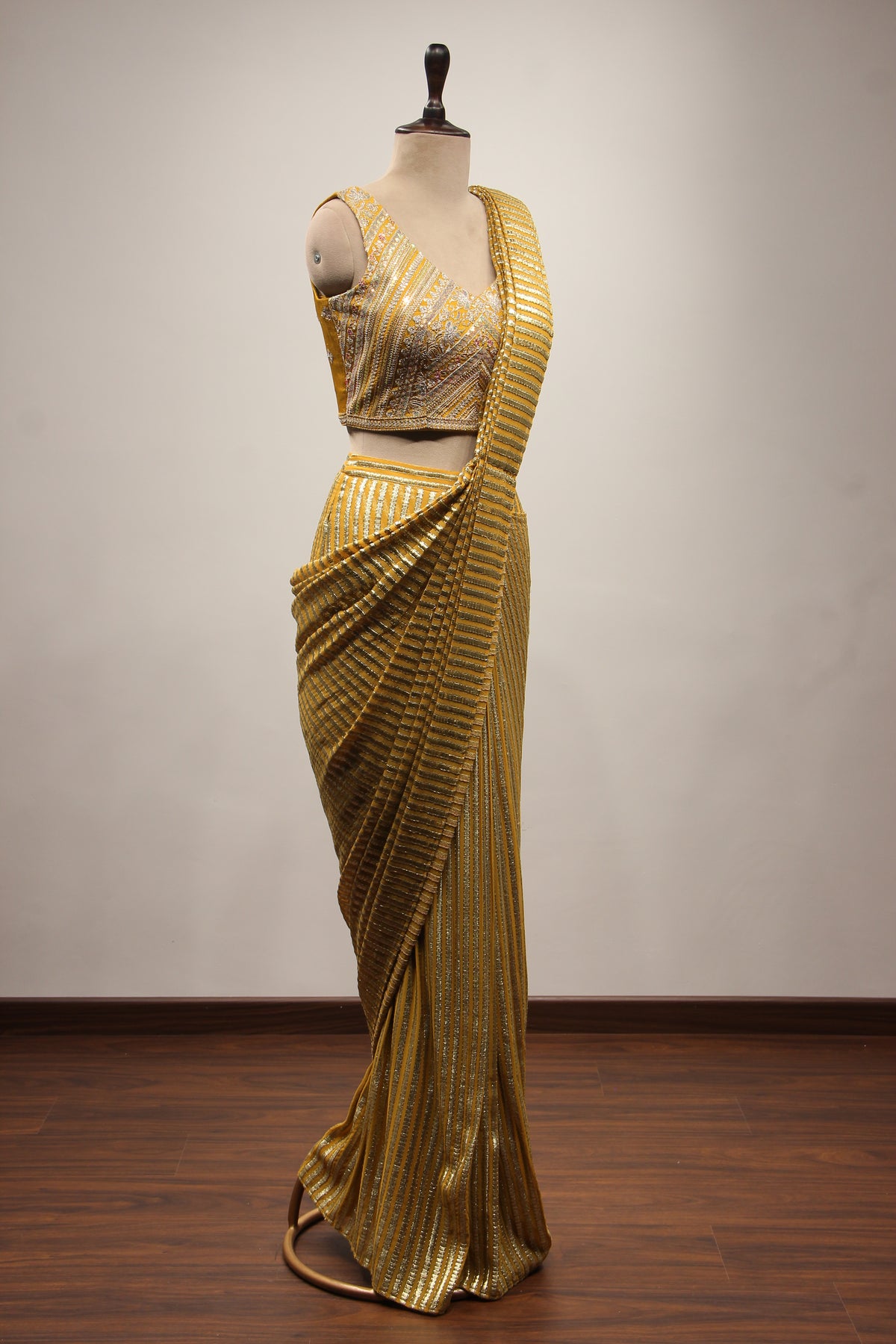 Yellow Georgette Ready-to-Wear Drape Saree with Bead & Cut Dana Handwork