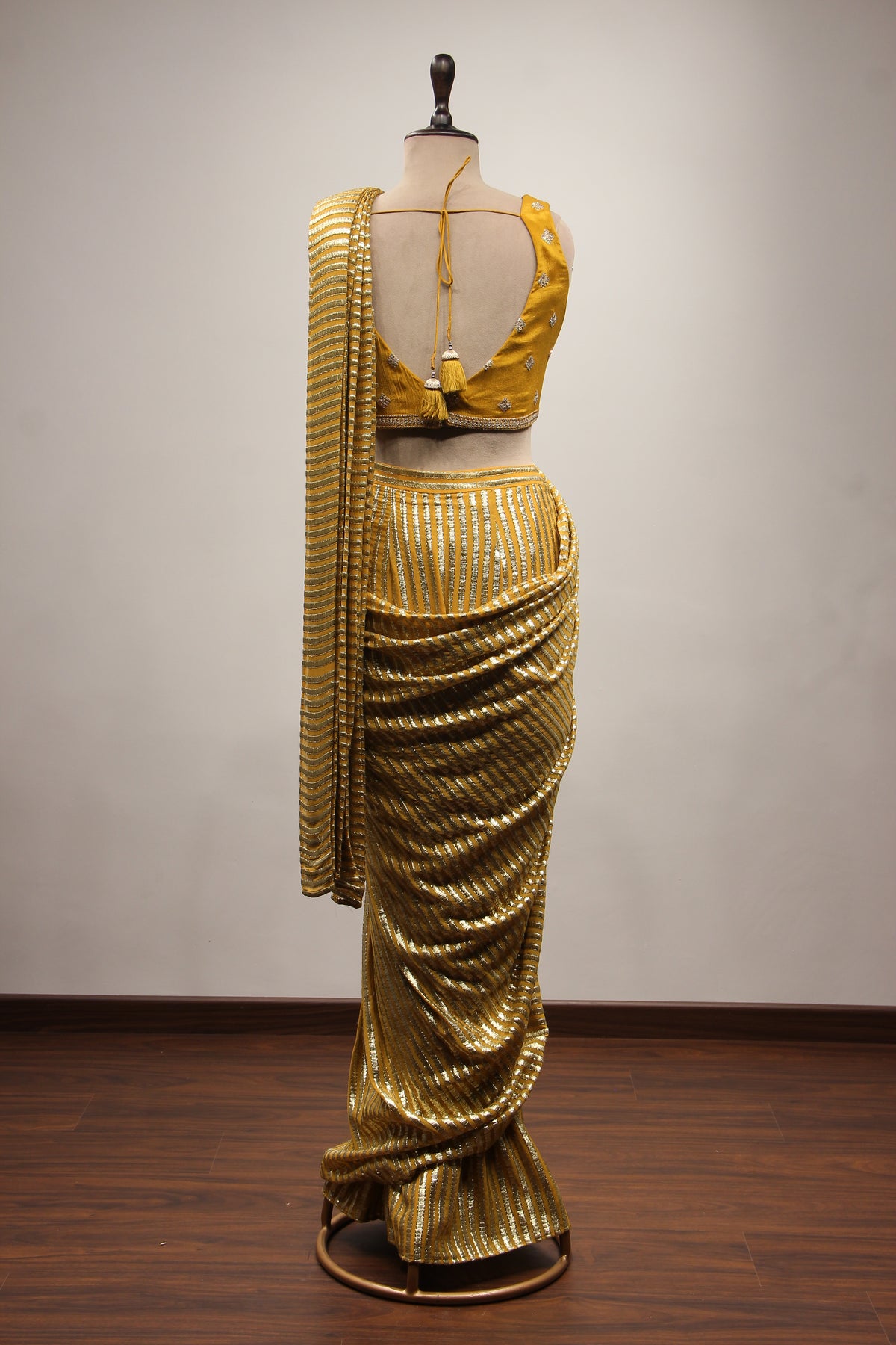 Yellow Georgette Ready-to-Wear Drape Saree with Bead & Cut Dana Handwork