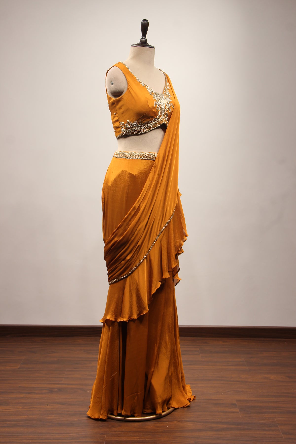 Crepe Ruffle Drape Saree with Zardozi & Bead Handwork V-Neck Crop Top in Yellow – other side view