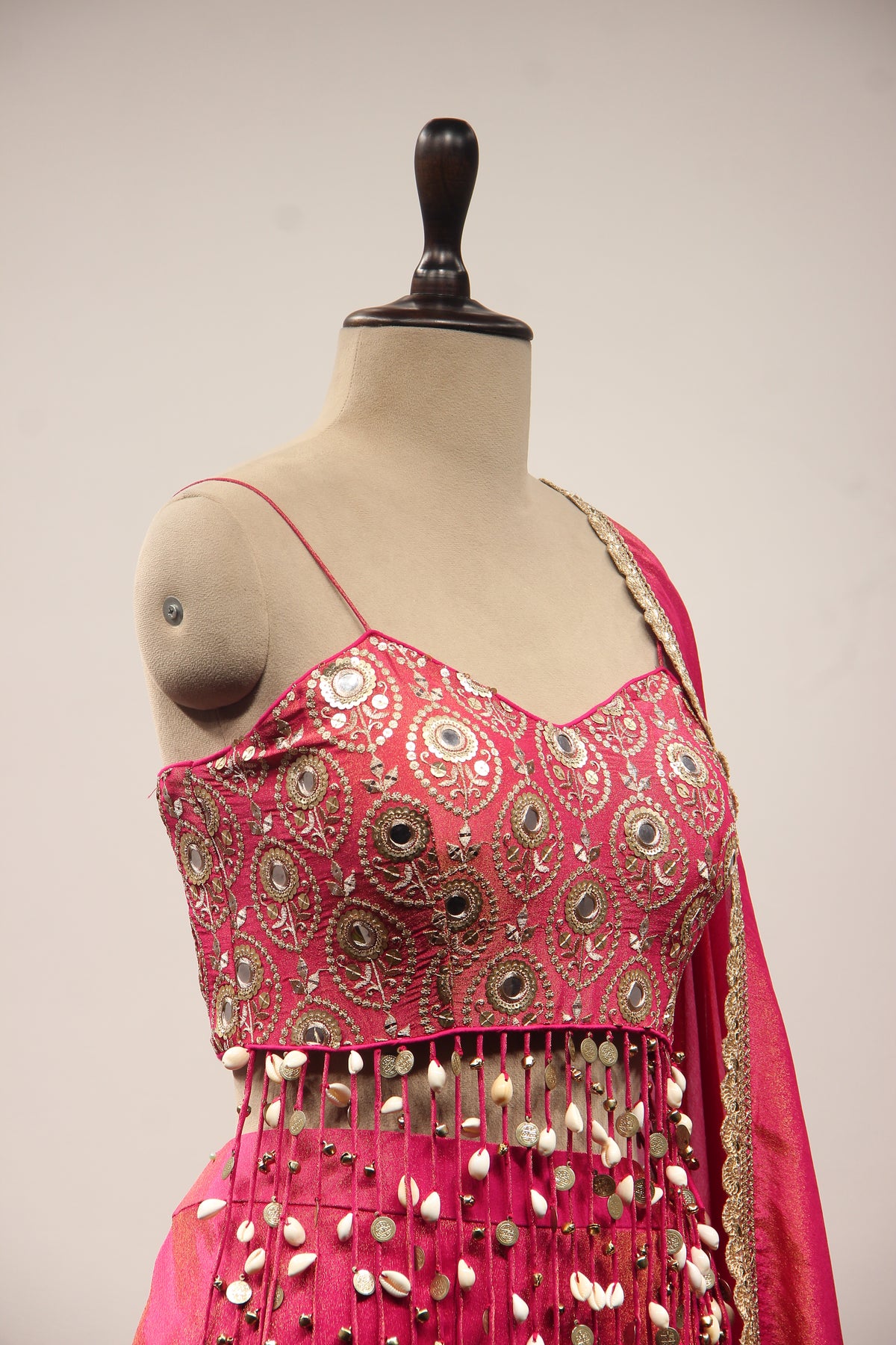 Rani Tissue Indo Western with Mirror & Sequin Handwork Fringe Crop Top – other side close-up