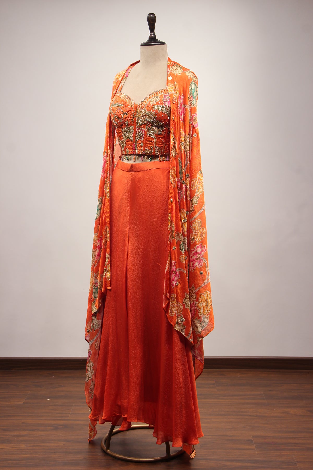 Crepe Rust Indo Western with Printed & Sequin Handwork