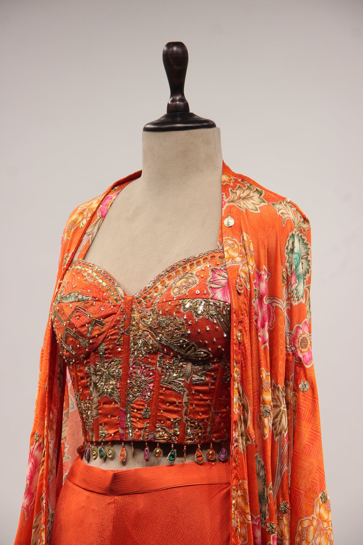 Crepe Rust Indo Western with Printed & Sequin Handwork